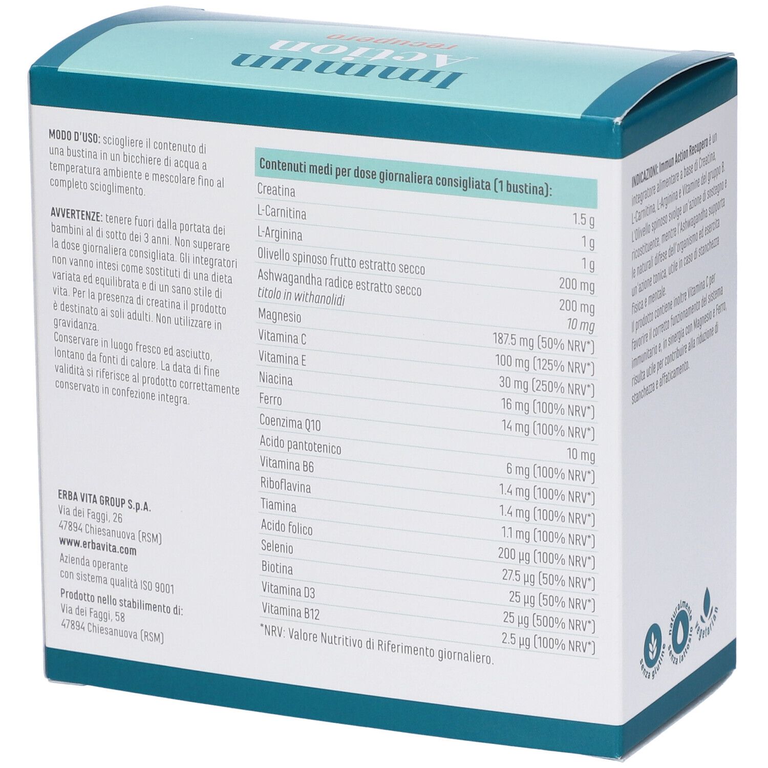 Verpackung mit 14 Beuteln. Aufschrift: Immun Action recupero. Marke: Erba Vita. Mit Inhaltsangaben und Logo.