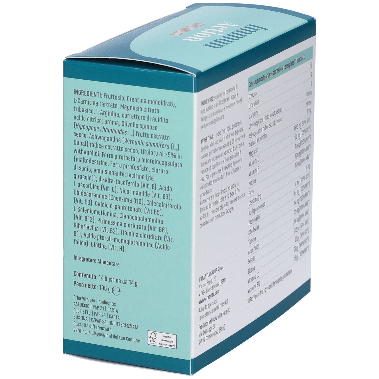 Verpackung mit 14 Beuteln. Aufschrift: Immun Action recupero. Marke: Erba Vita. Mit Inhaltsangaben und Logo.