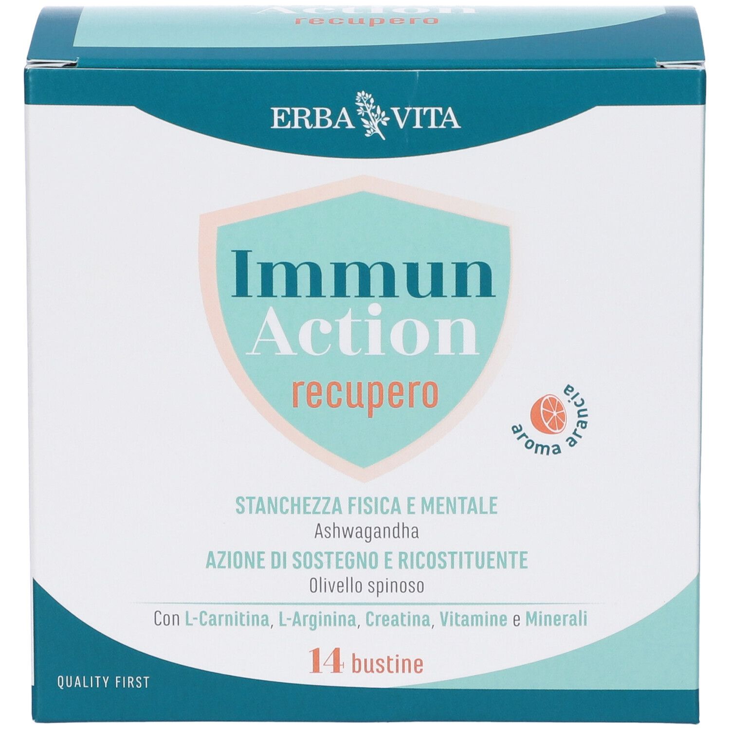 Verpackung mit 14 Beuteln. Aufschrift: Immun Action recupero. Marke: Erba Vita. Mit Inhaltsangaben und Logo.