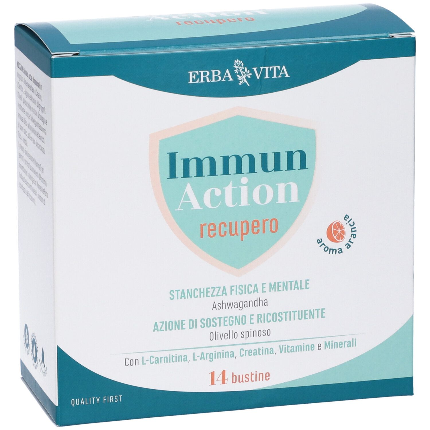 Verpackung mit 14 Beuteln. Aufschrift: Immun Action recupero. Marke: Erba Vita. Mit Inhaltsangaben und Logo.