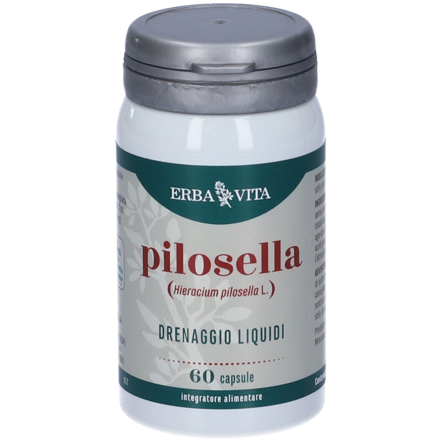 Flacon brun et vert. Inscriptions : pilosella, Drenaggio Liquidi, 60 capsule, ERBA VITA. Autocollant rouge : Quality First.