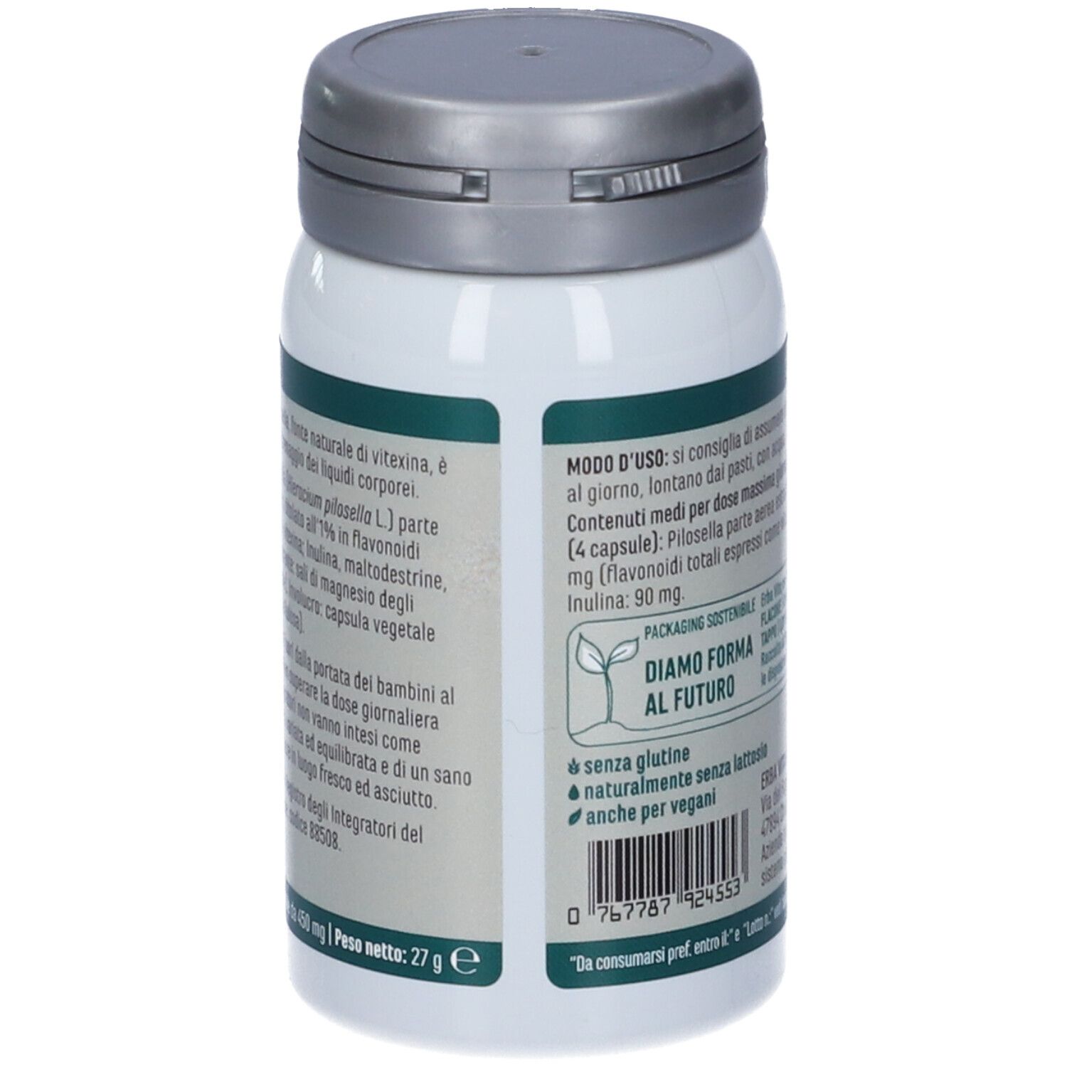 Flacon brun et vert. Texte : ingrédients, dosage, avertissements. Poids : 27g. Informations fabricant.