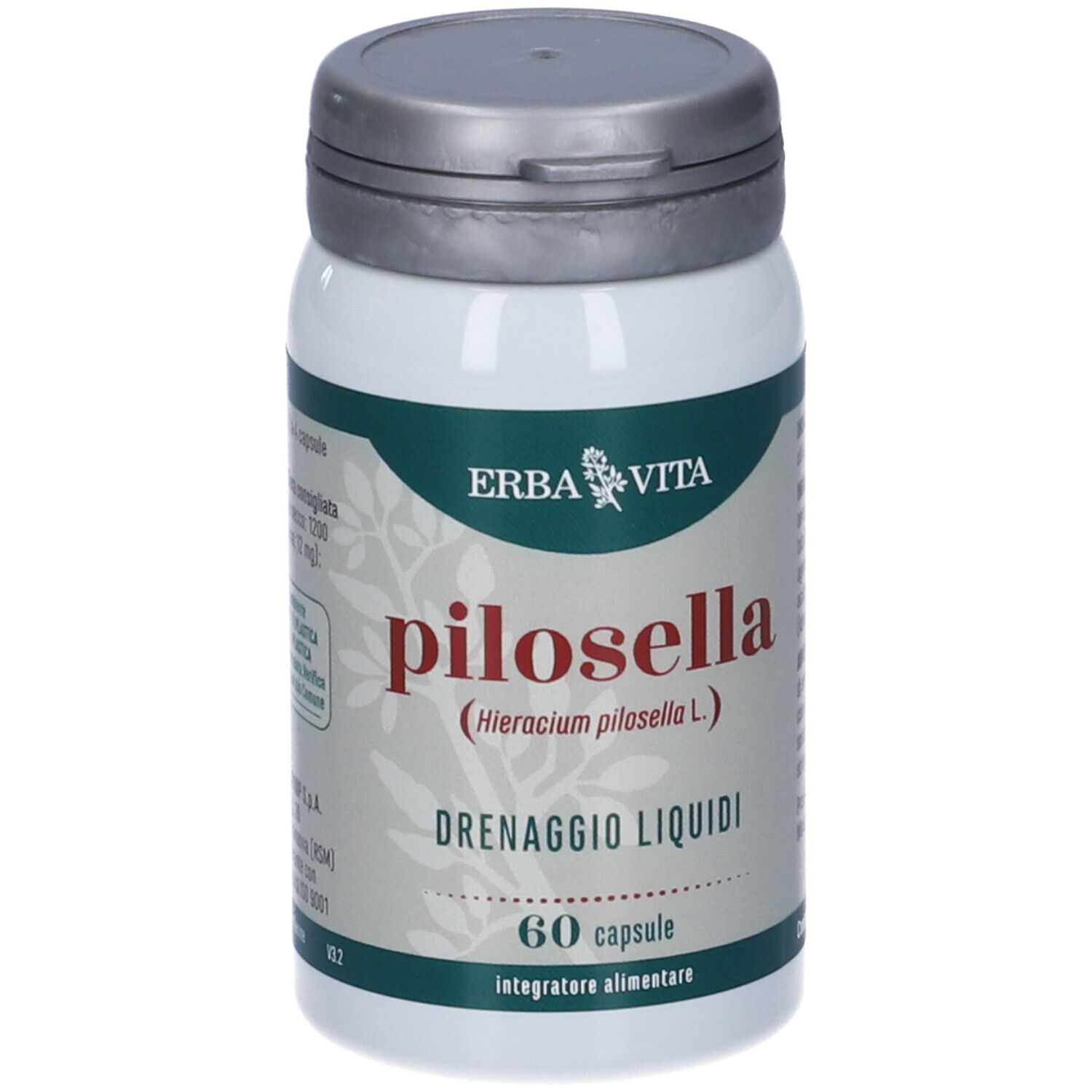 Flacon brun et vert. Inscriptions : pilosella, Drenaggio Liquidi, 60 capsule, ERBA VITA. Autocollant rouge : Quality First.