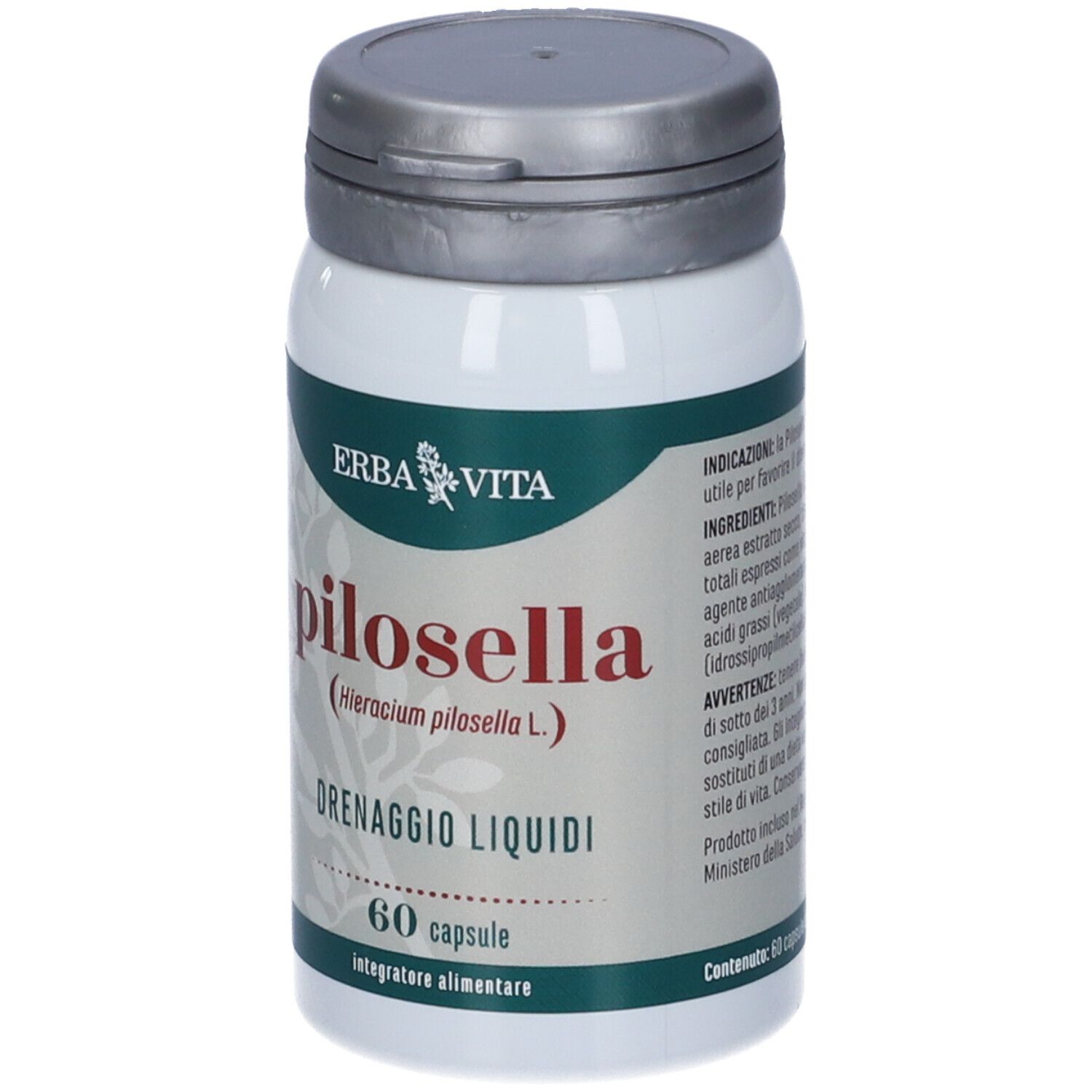 Flacon brun et vert. Inscriptions : pilosella, Drenaggio Liquidi, 60 capsule, ERBA VITA. Autocollant rouge : Quality First.