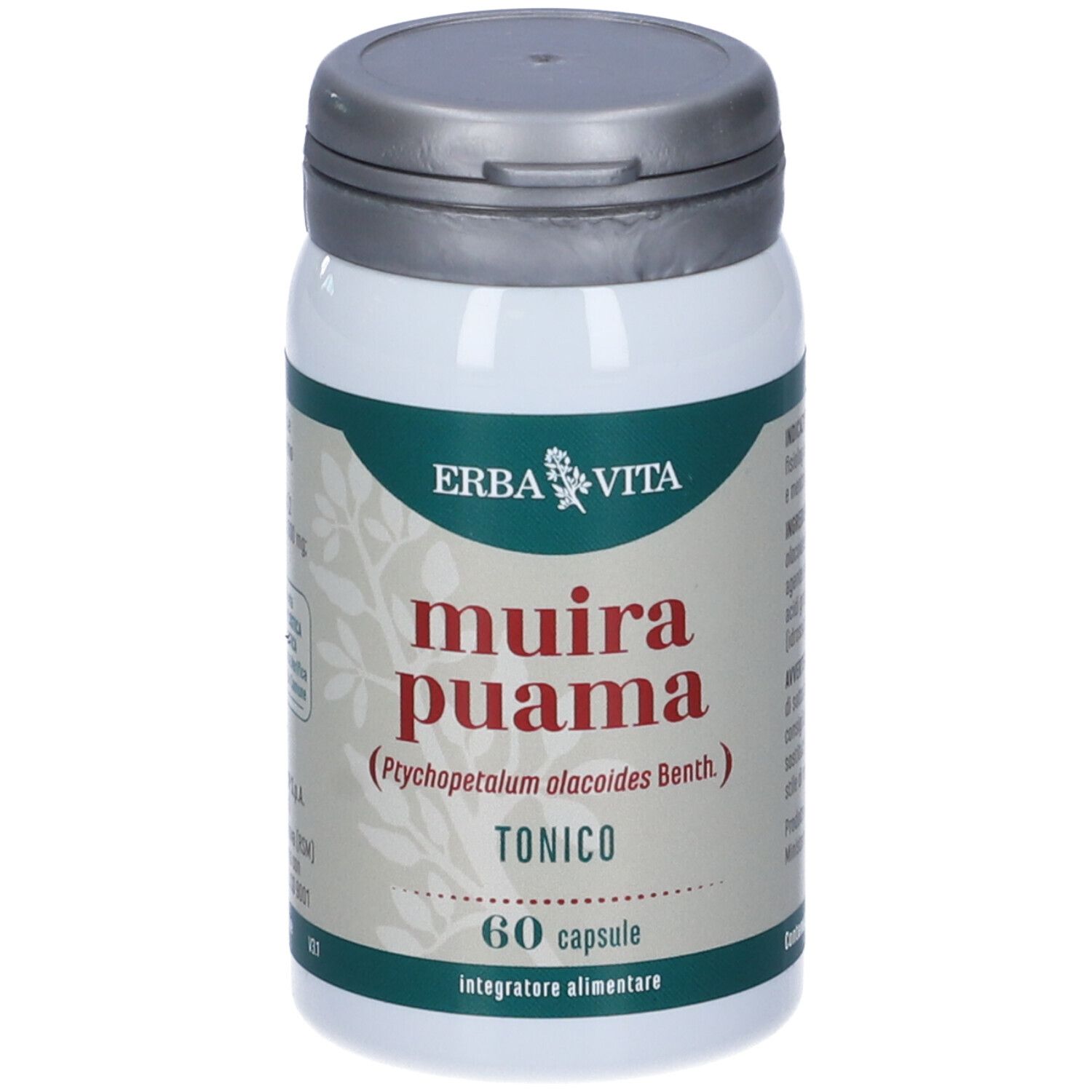 Flacon blanc avec couvercle gris. Inscription: Muira Puama, 60 gélules. Marque: ERBAVITA.
