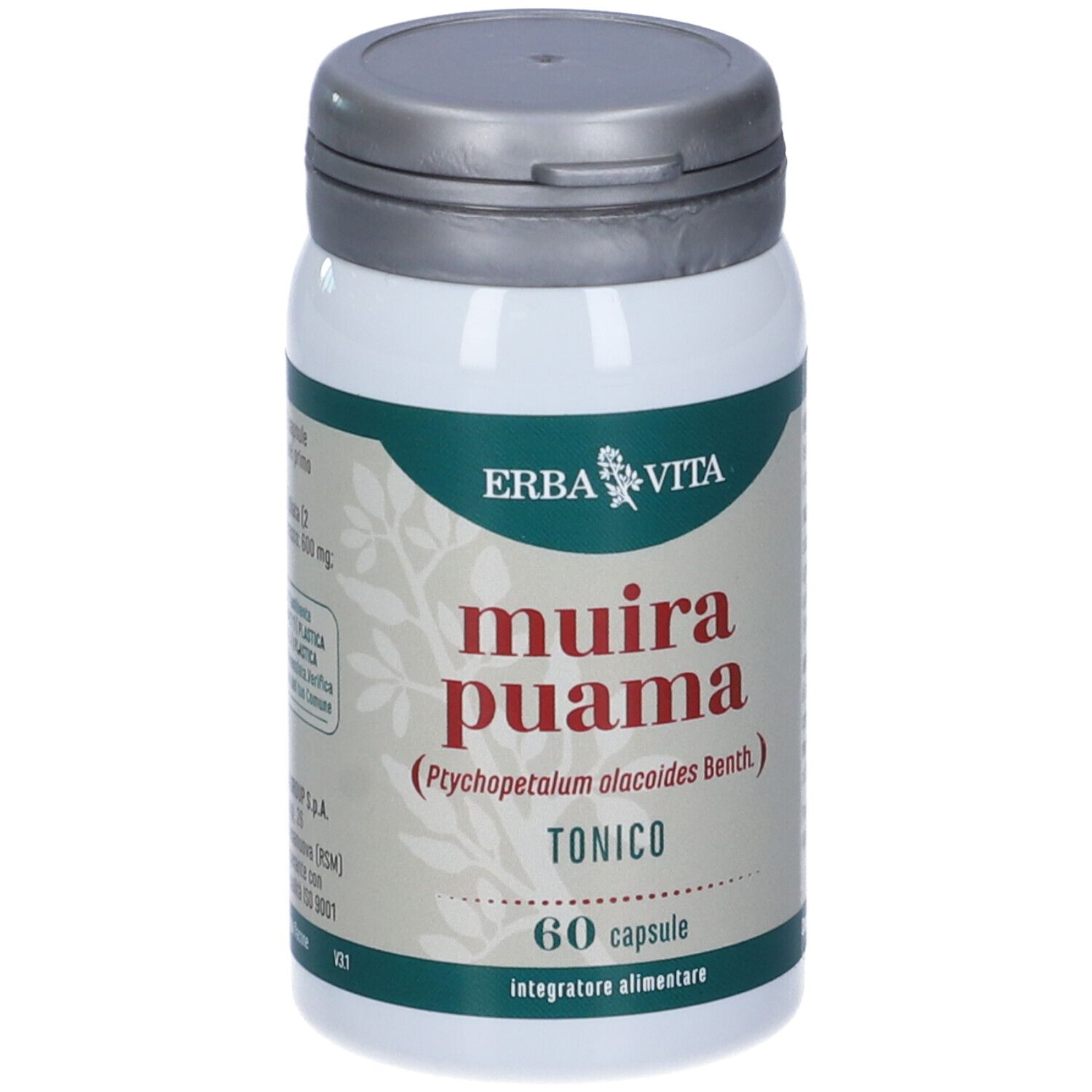 Flacon blanc avec couvercle gris. Inscription: Muira Puama, 60 gélules. Marque: ERBAVITA.