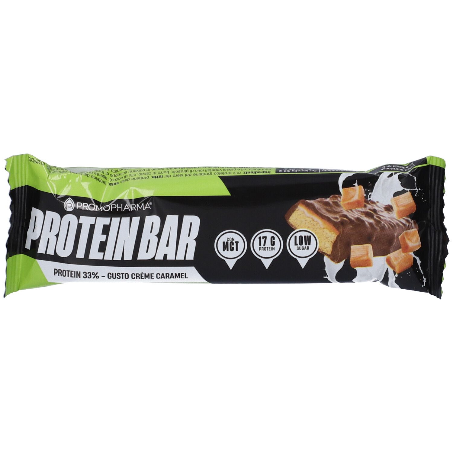 Proteinriegel in Verpackung. Schwarze Verpackung mit weißer Schrift: Protein Bar. Grün-weiße Akzente. Karamellstücke.