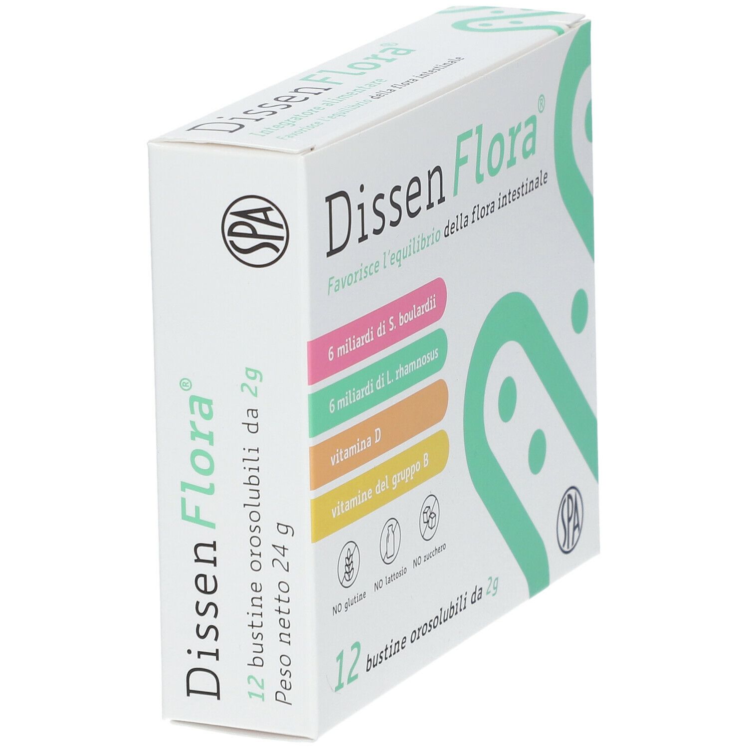 Dissen Flora®-Verpackung, schräg. Enthält 12 Beutel. Aufschrift: 'Favorisce l'equilibrio della flora intestinale'. Enthält Vitamin D und B.