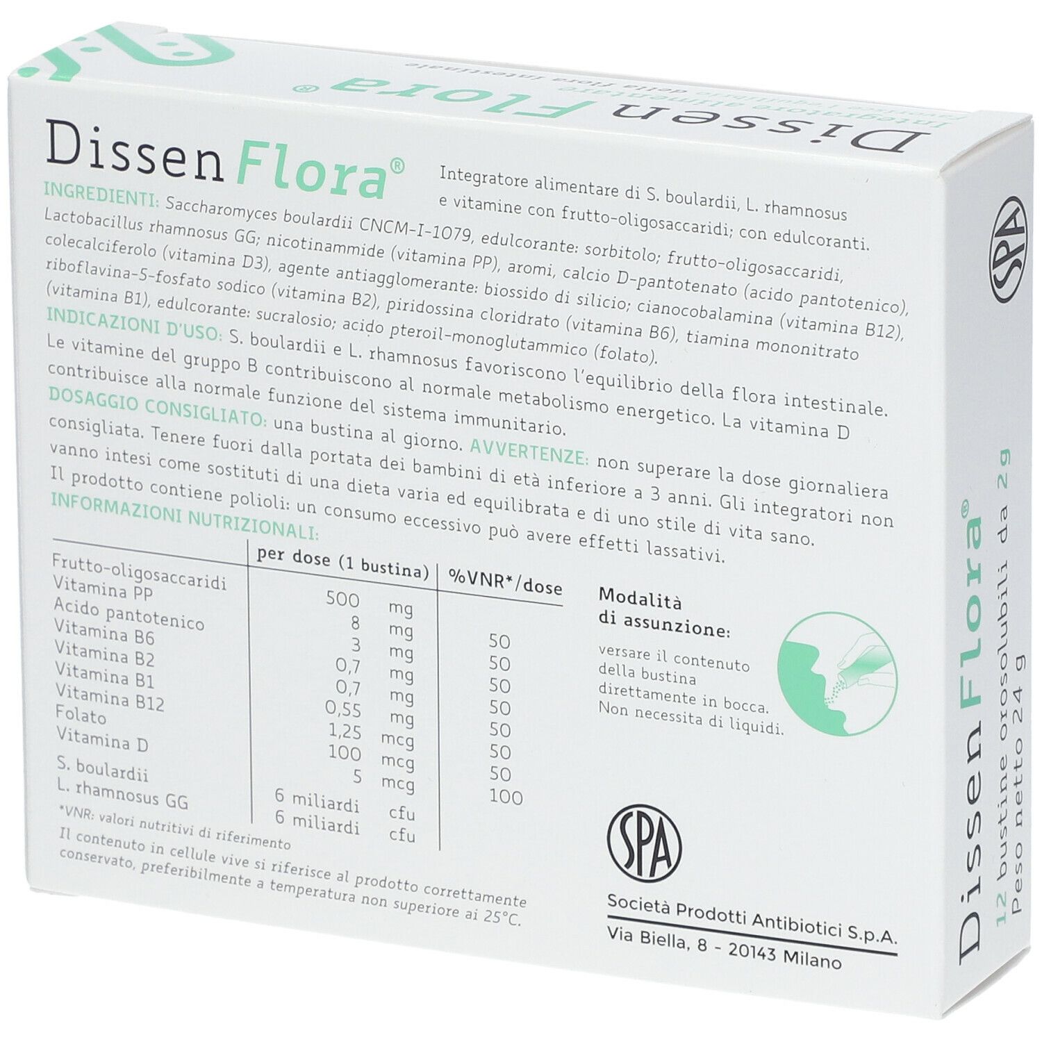 Dissen Flora®-Verpackung, Rückseite. Enthält Inhaltsstoffe und Dosierungsanweisungen. Herstellerlogo SPA.