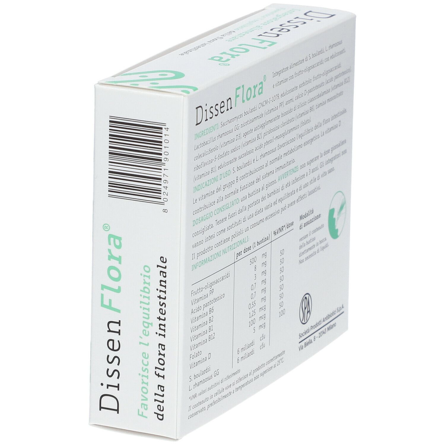 Dissen Flora®-Verpackung, schräg, Rückseite. Enthält Inhaltsstoffe und Dosierungsanweisungen. Herstellerlogo SPA.