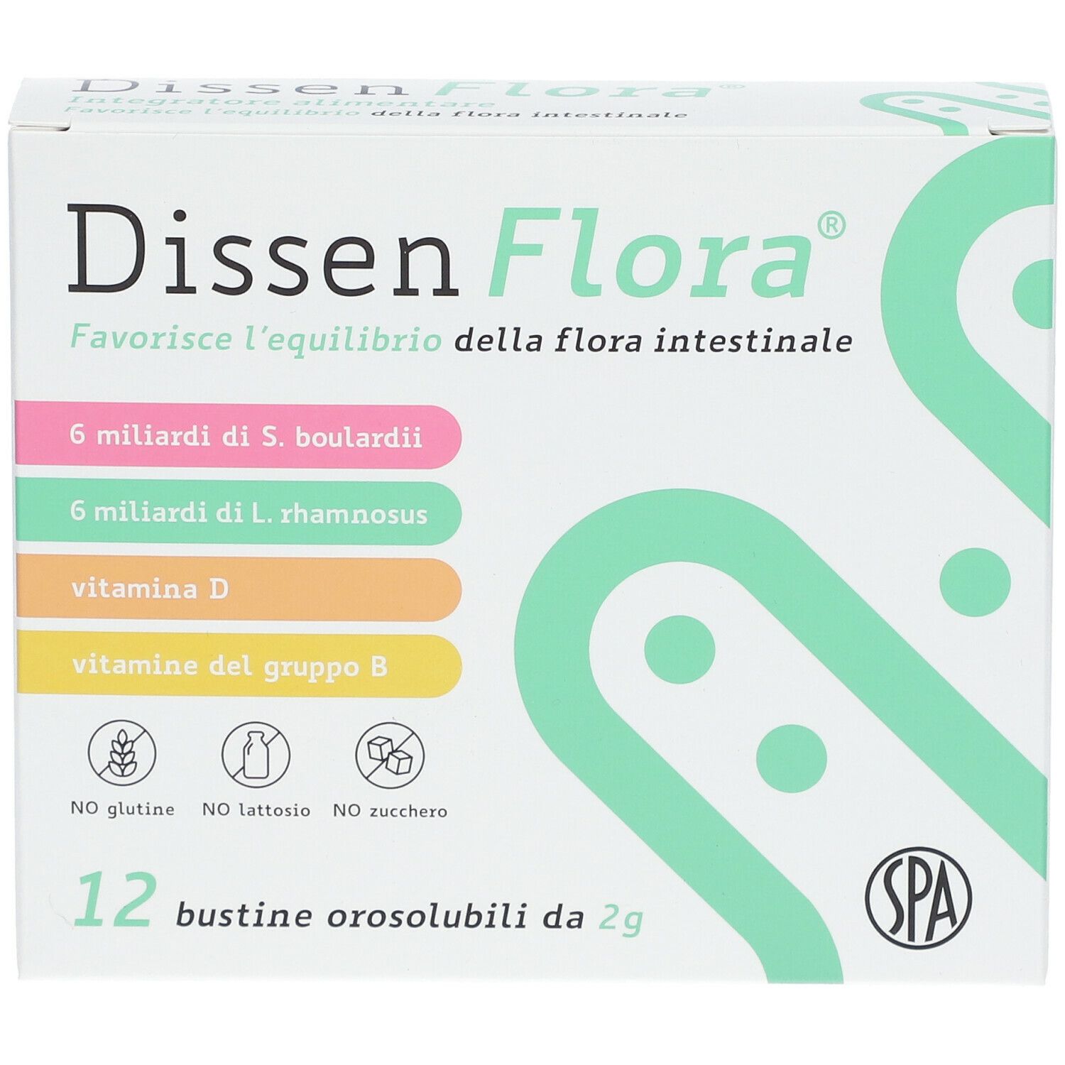 Dissen Flora®-Verpackung. Enthält 12 Beutel. Aufschrift: 'Favorisce l'equilibrio della flora intestinale'. Enthält Vitamin D und B.