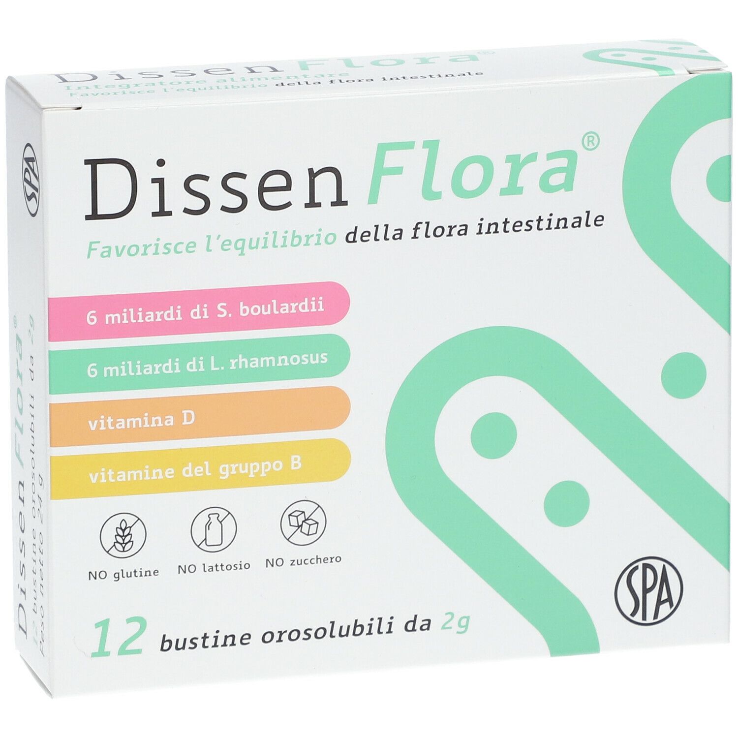 Dissen Flora®-Verpackung. Enthält 12 Beutel. Aufschrift: 'Favorisce l'equilibrio della flora intestinale'. Enthält Vitamin D und B.