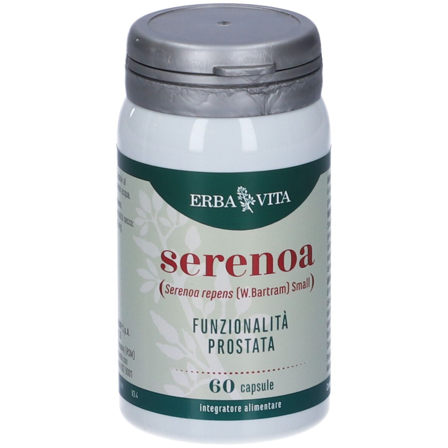 Erba Vita Serenoa-Kapseln. Weiße Flasche mit silbernem Deckel. Aufschrift: Serenoa, Funzionalità Prostata, 60 capsule.