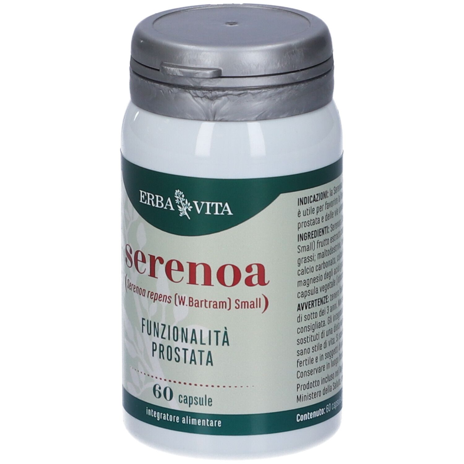 Erba Vita Serenoa-Kapseln. Weiße Flasche mit silbernem Deckel. Aufschrift: Serenoa, Funzionalità Prostata, 60 capsule.