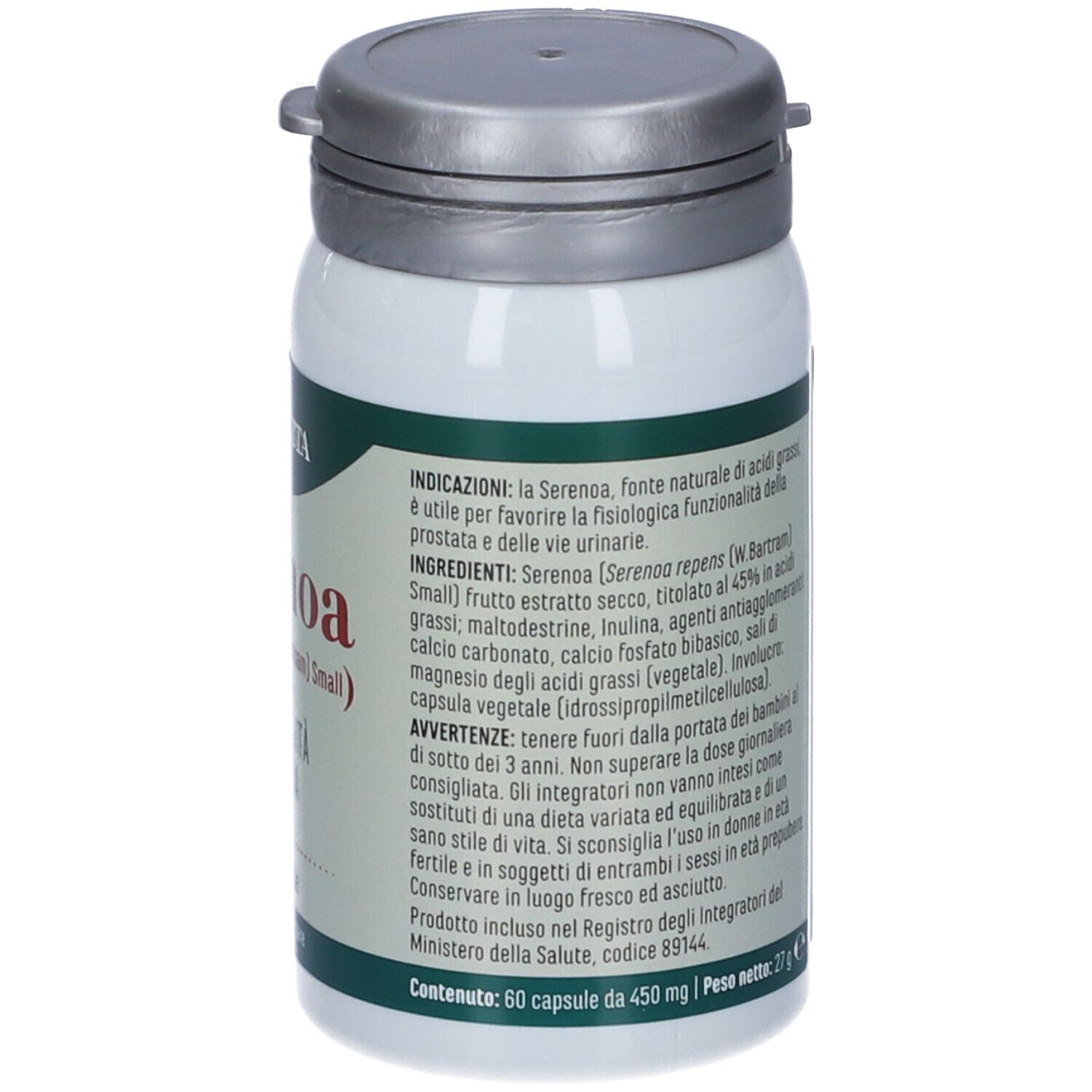 Seitenansicht der weißen Flasche Erba Vita Serenoa. Text: Serenoa, Funzionalità Prostata. Informationen zu Inhaltsstoffen.