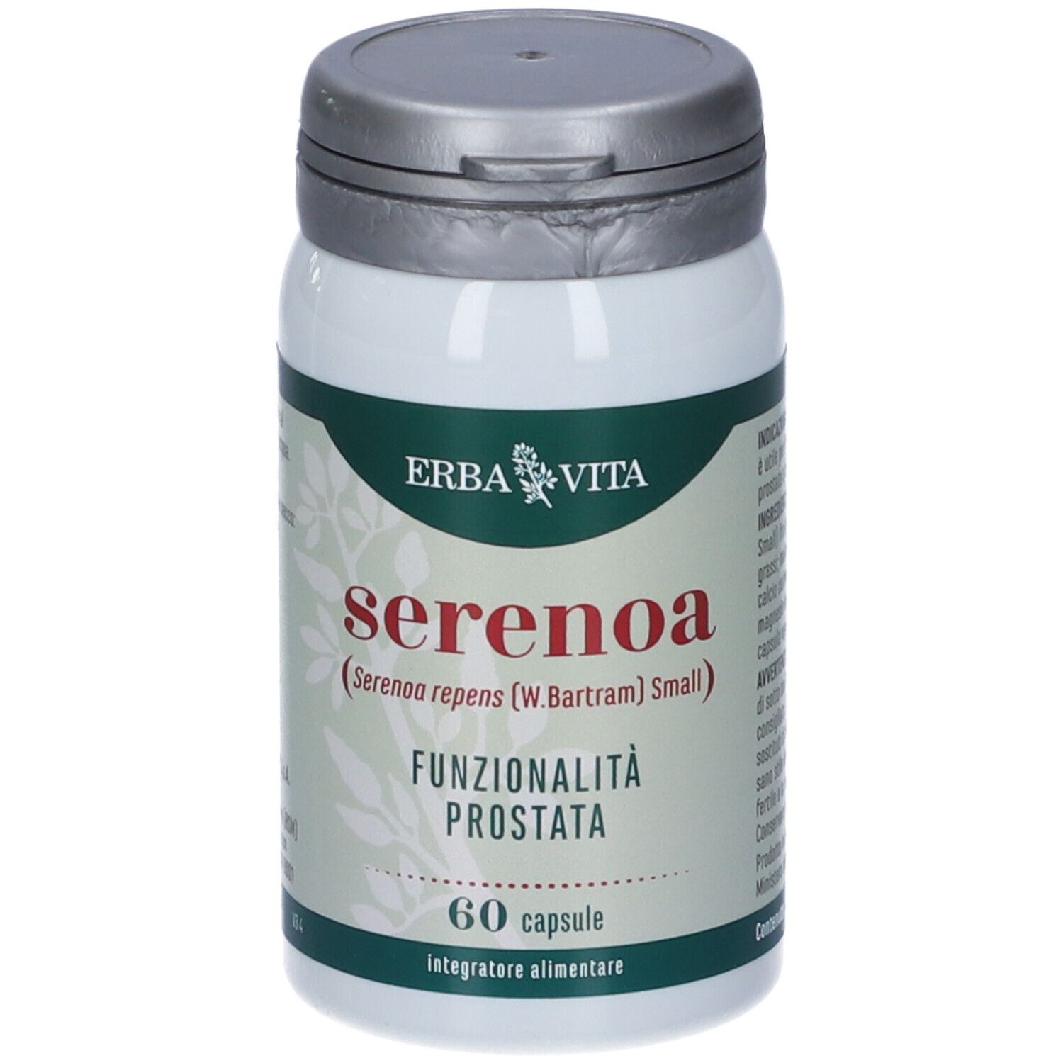 Erba Vita Serenoa-Kapseln. Weiße Flasche mit silbernem Deckel. Aufschrift: Serenoa, Funzionalità Prostata, 60 capsule.