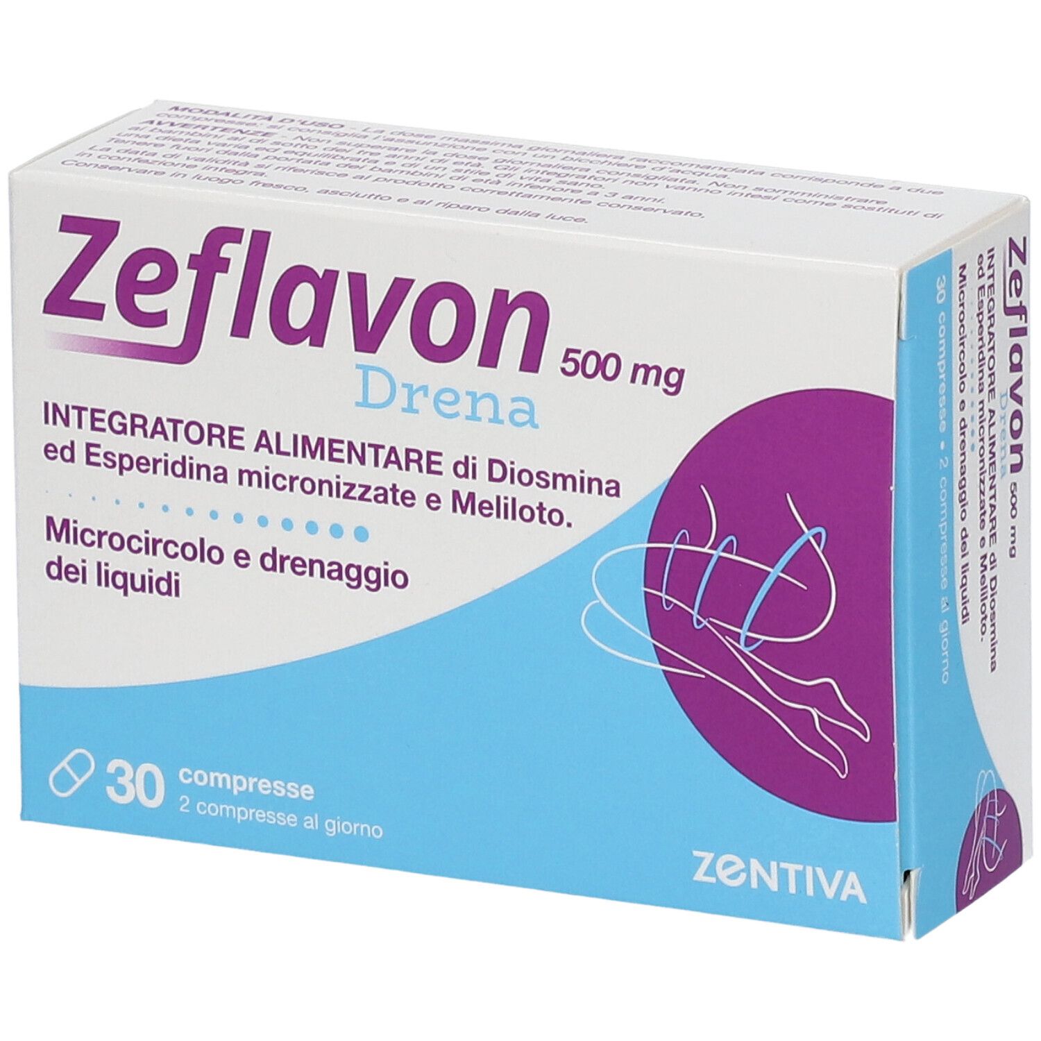 Boîte de Zeflavon Drena 500 mg, 30 comprimés. Emballage bleu et blanc avec accents violets. Logo Zentiva.