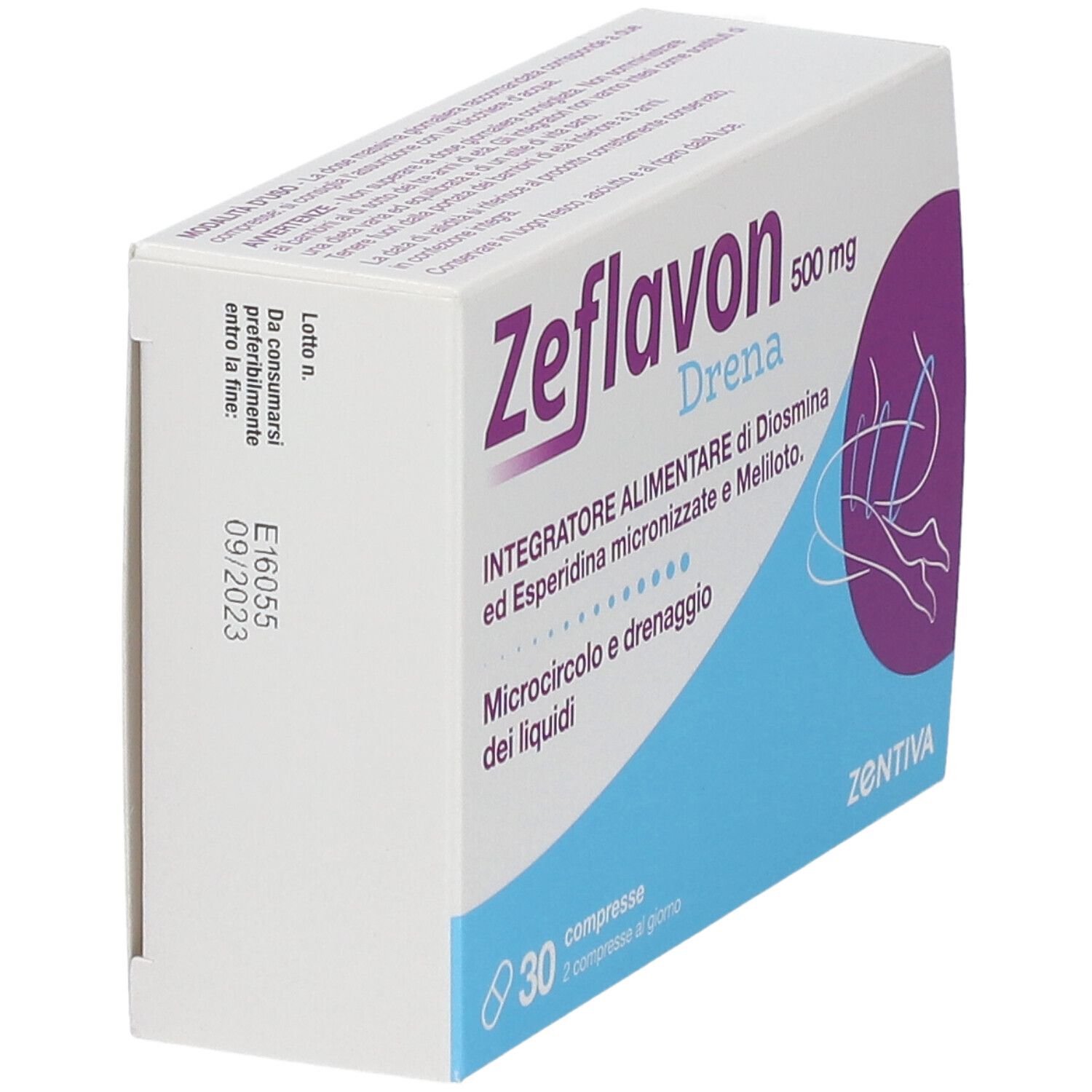 Boîte Zeflavon Drena, 500 mg, 30 comprimés. Emballage blanc avec détails bleus et violets. Logo Zentiva.