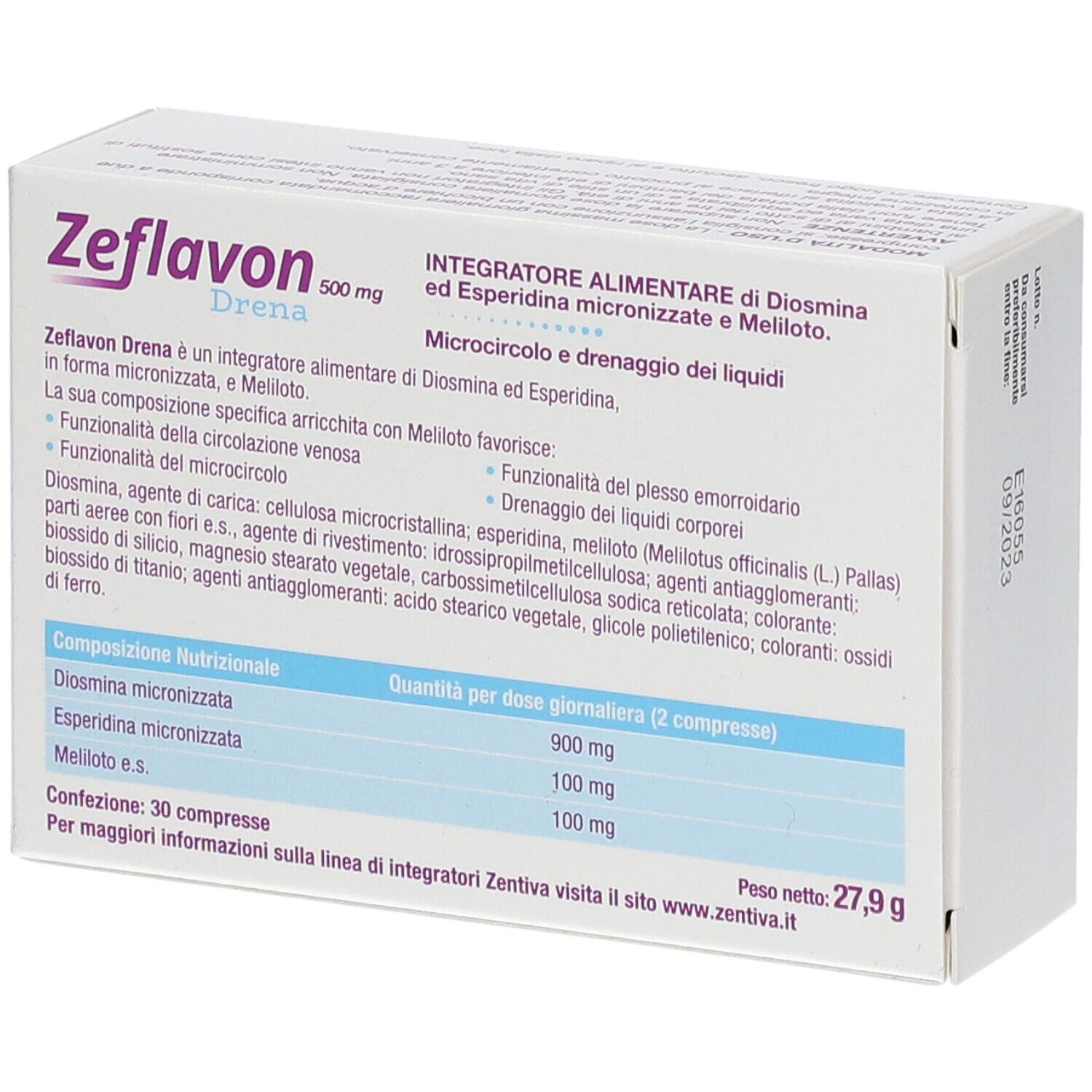 Dos de la boîte Zeflavon Drena. Contient des informations sur les ingrédients et la valeur nutritionnelle. Logo Zentiva.