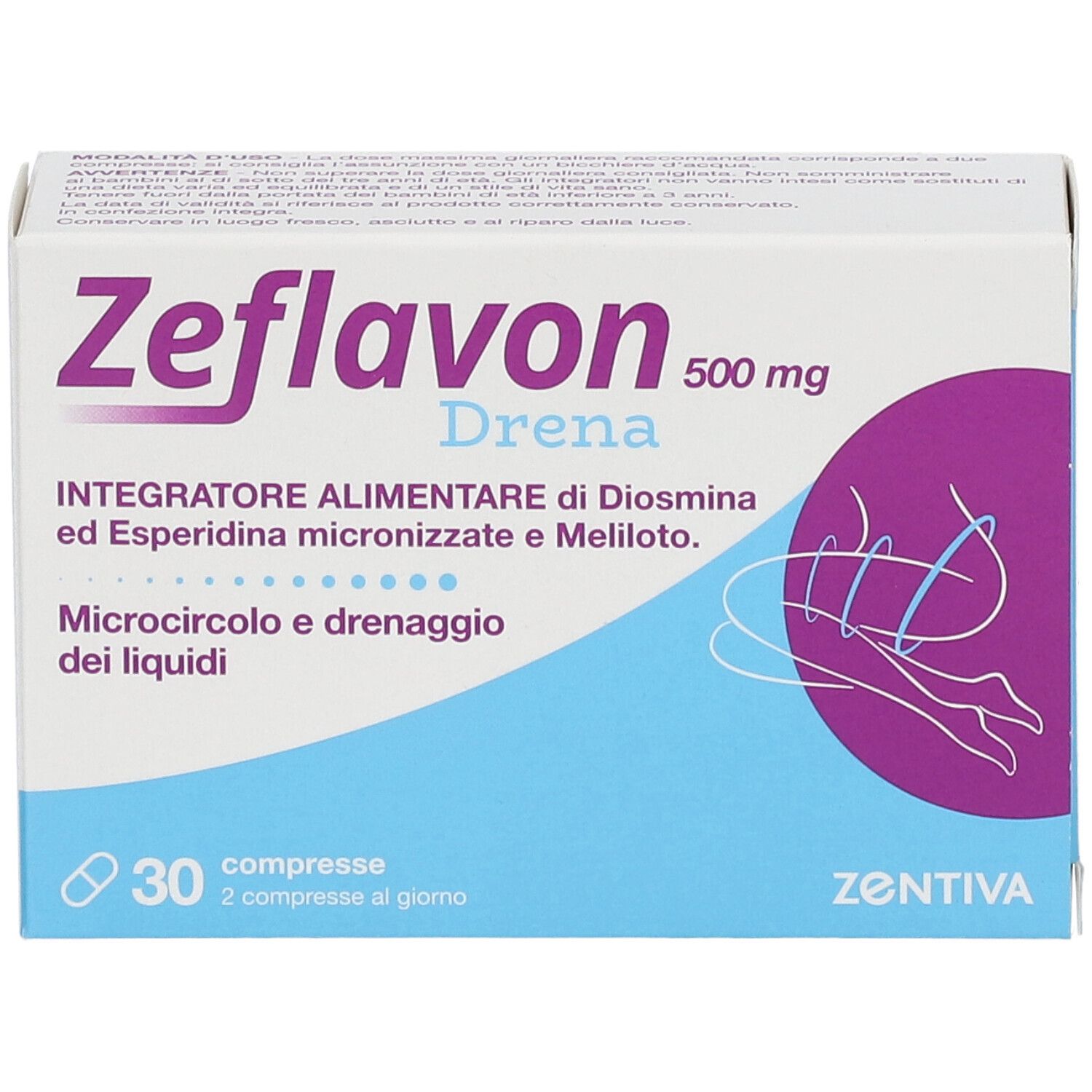 Boîte Zeflavon Drena, 500 mg, 30 comprimés. Emballage bleu et blanc avec accents violets. Logo Zentiva.