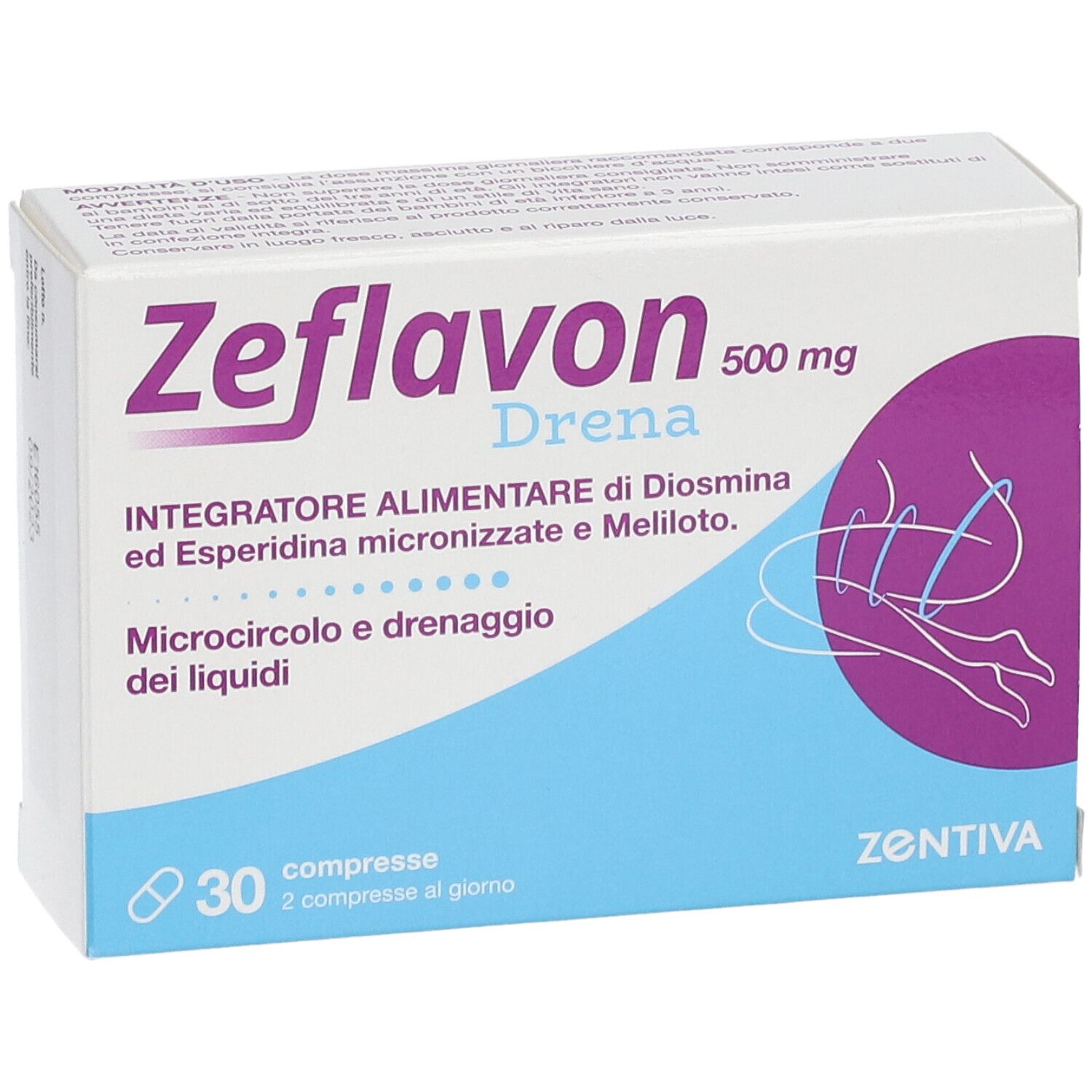 Boîte Zeflavon Drena, 500 mg, 30 comprimés. Emballage bleu et blanc avec accents violets. Logo Zentiva.
