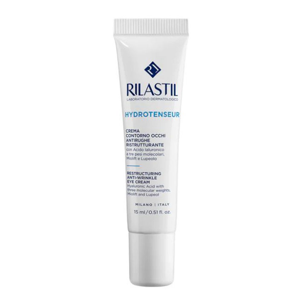 Weiße Tube mit blauer Schrift. Aufschrift: RILASTIL, HYDROTENSEUR, Augencreme. 15 ml.