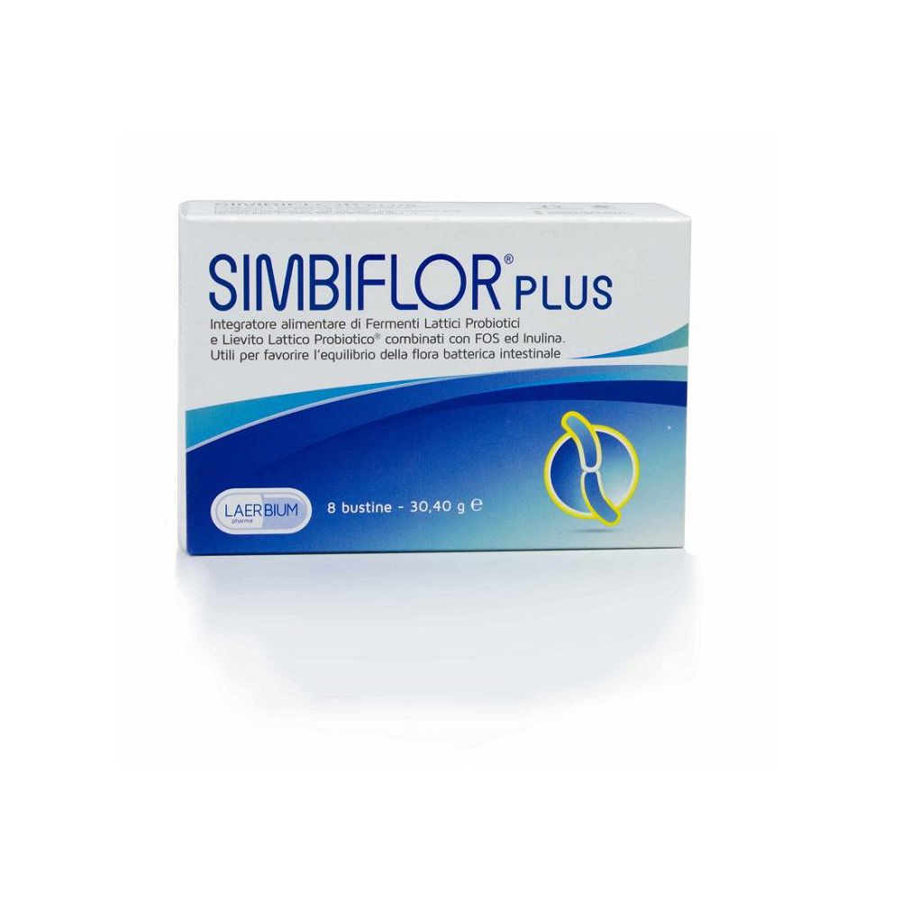 Weiße Schachtel mit SIMBIFLOR PLUS-Logo. Enthält 8 Beutel. Blaue und gelbe Designelemente.