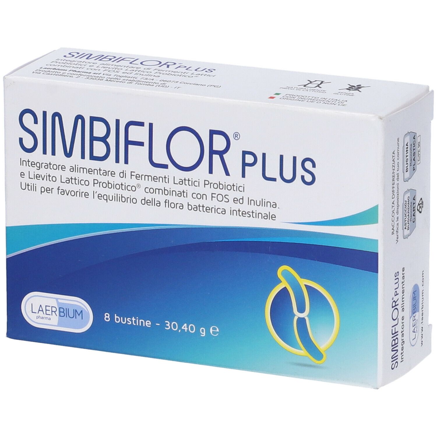 Weiße Schachtel mit SIMBIFLOR PLUS-Logo. Enthält 8 Beutel. Blaue und gelbe Designelemente.