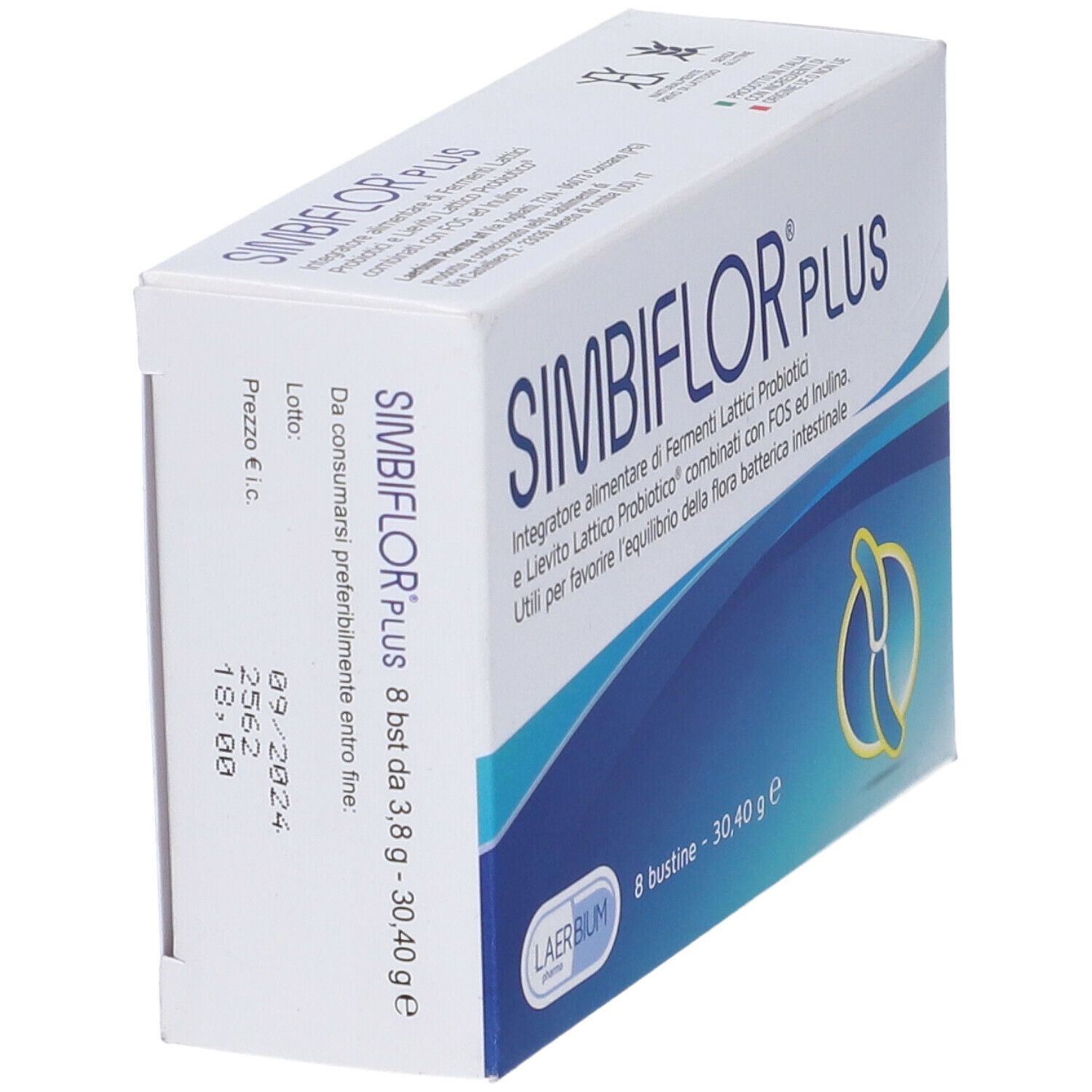 Schachtel SIMBIFLOR PLUS, schräg. Enthält 8 Beutel. Text und Logo sichtbar. Datumsangabe.