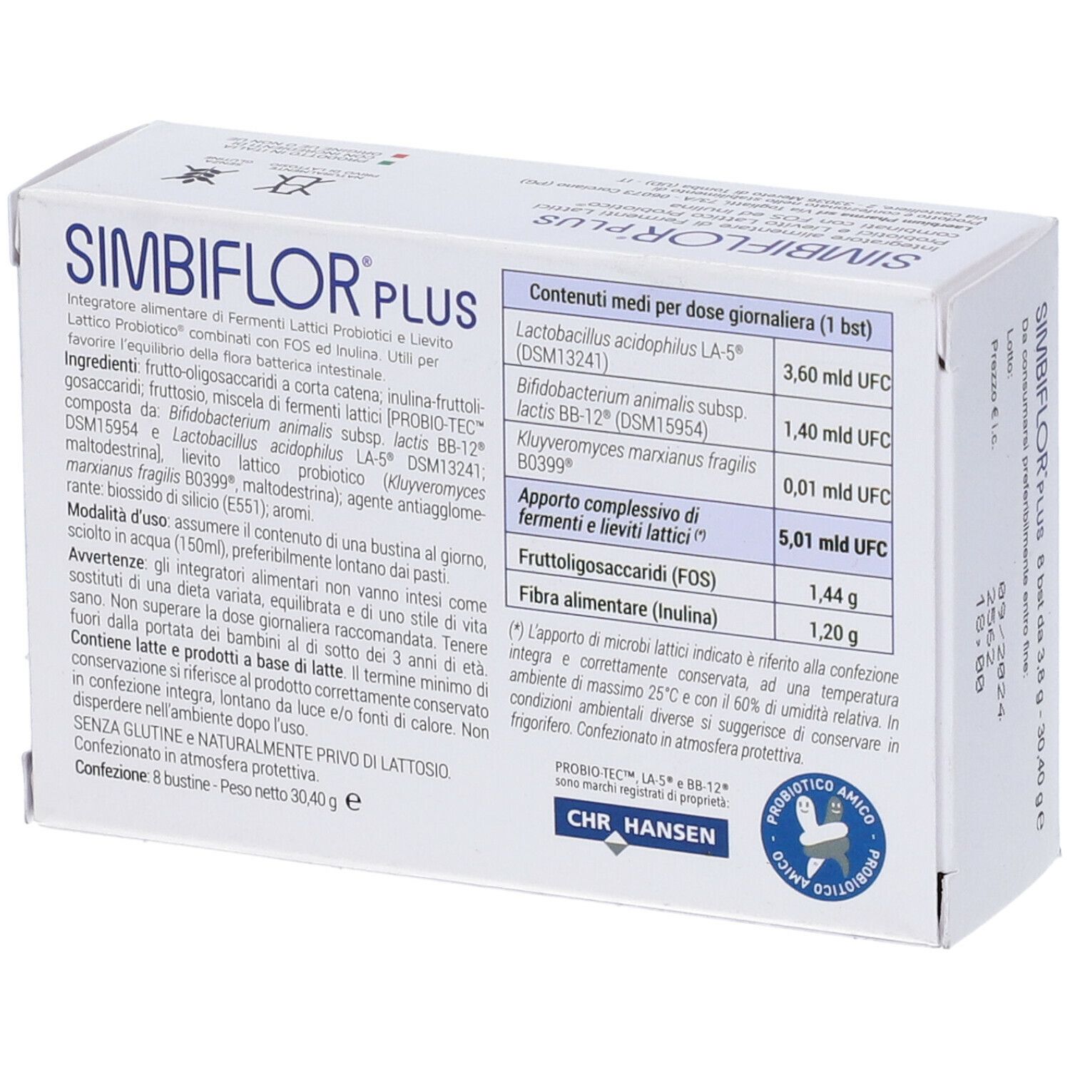 Schachtel SIMBIFLOR PLUS, Rückseite. Inhaltsstoffe und Nährwertangaben. Text und Logo.