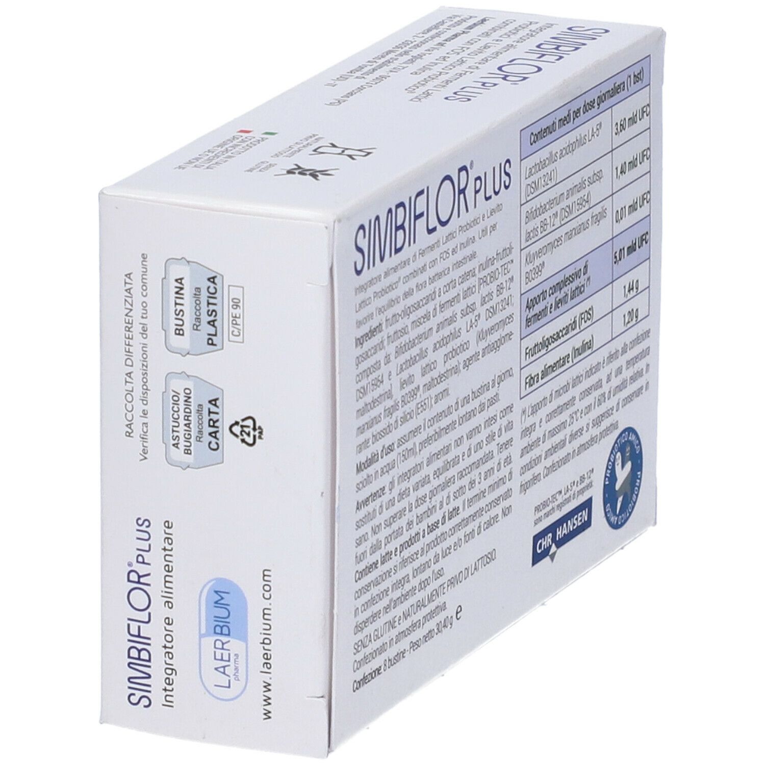 Schachtel SIMBIFLOR PLUS, schräg. Rückseite mit Text und Logo. Recycling-Symbole.