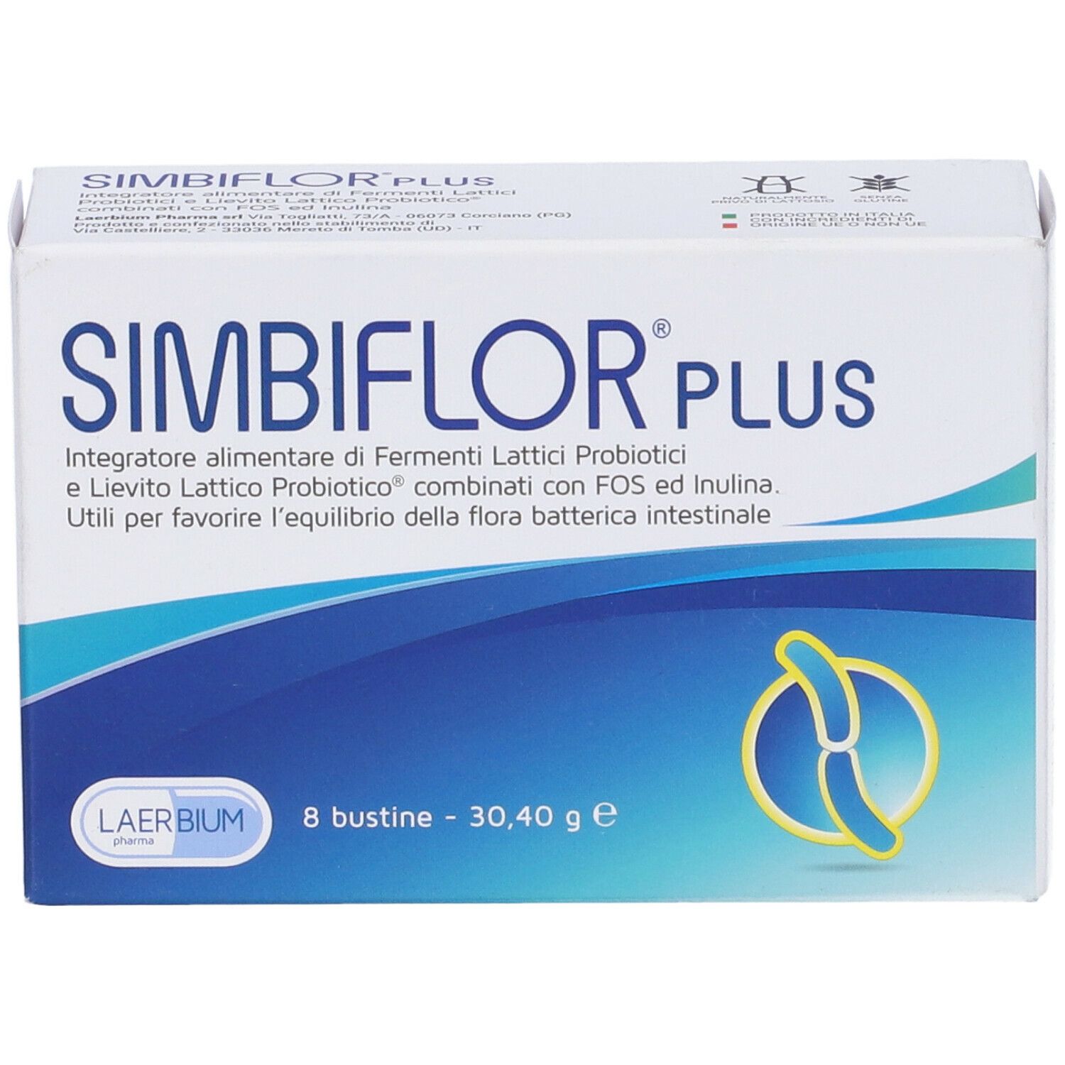 Weiße Schachtel mit SIMBIFLOR PLUS-Logo. Enthält 8 Beutel. Blaue und gelbe Designelemente.