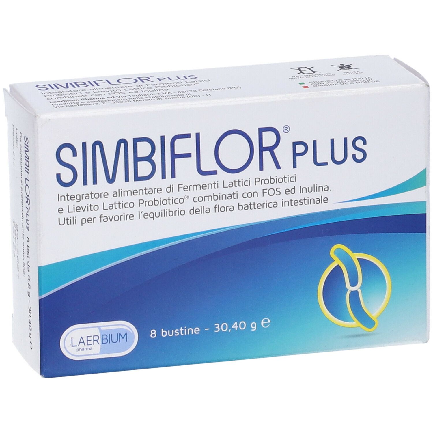 Weiße Schachtel mit SIMBIFLOR PLUS-Logo. Enthält 8 Beutel. Blaue und gelbe Designelemente.