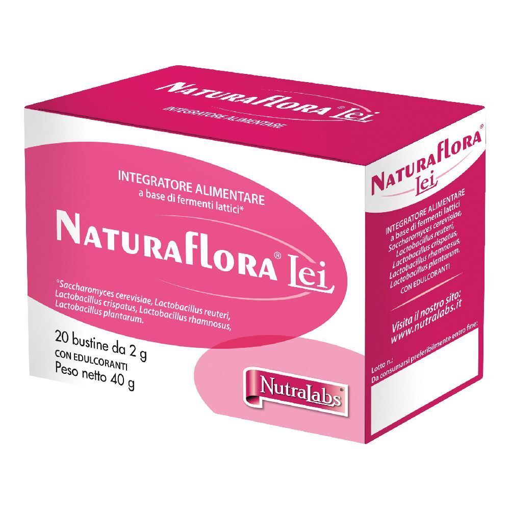 Boîte de Naturaflora Lei. Contient 20 sachets de 2 g. Inscription: Integratore Alimentare a base di fermenti lattici. Marque: Nutralabs.