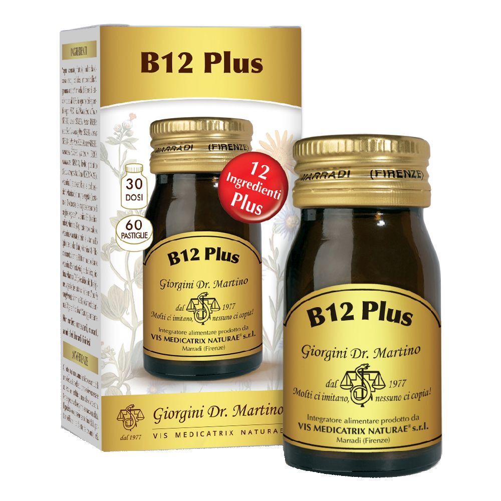 B12 Plus-Produktverpackung mit Flasche und Schachtel. Aufschrift: B12 Plus, 60 Pastiglie, 12 Inhaltsstoffe Plus.