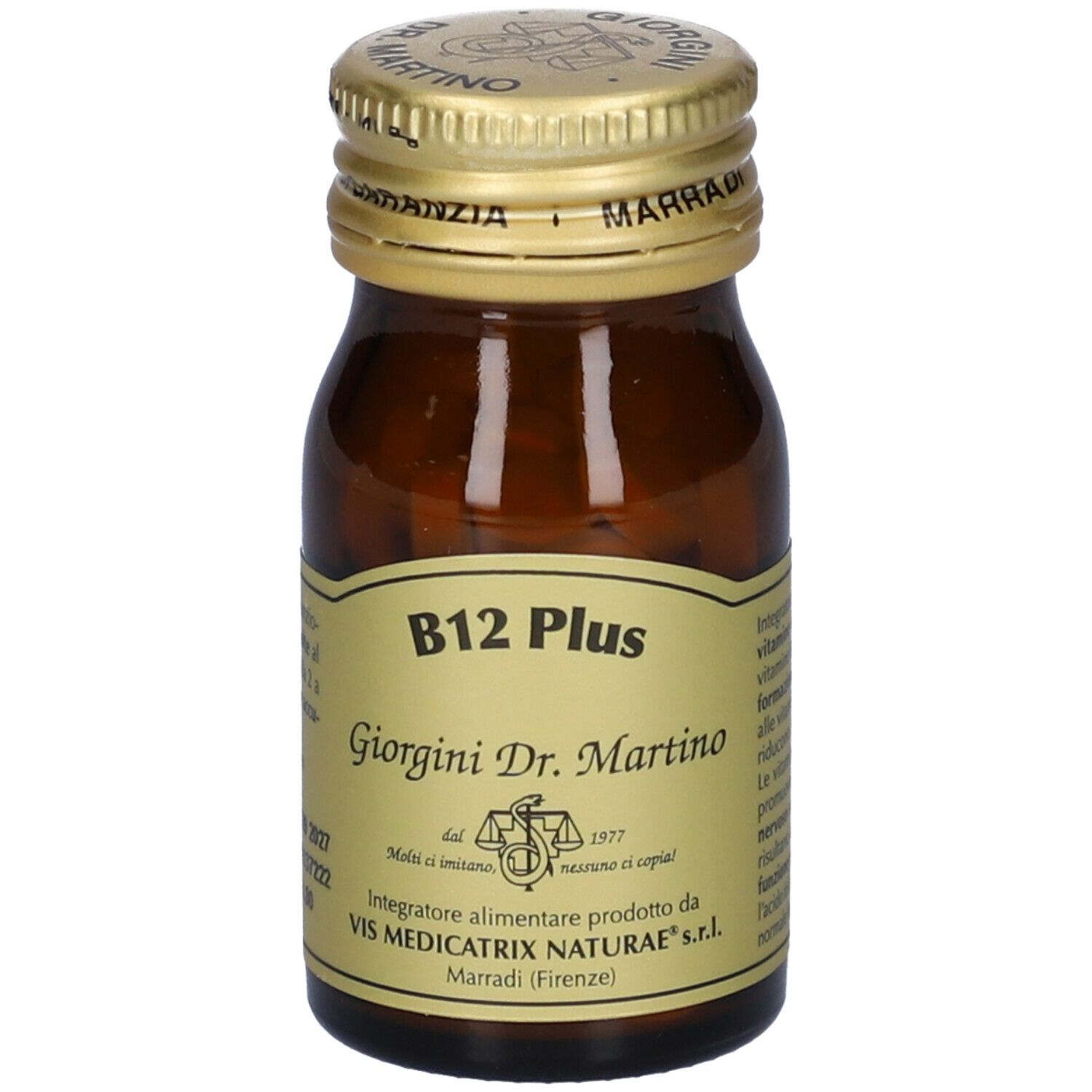 Braune Glasflasche mit goldenem Deckel. Aufschrift: B12 Plus, Giorgini Dr. Martino. Etikett mit Logo und Text.