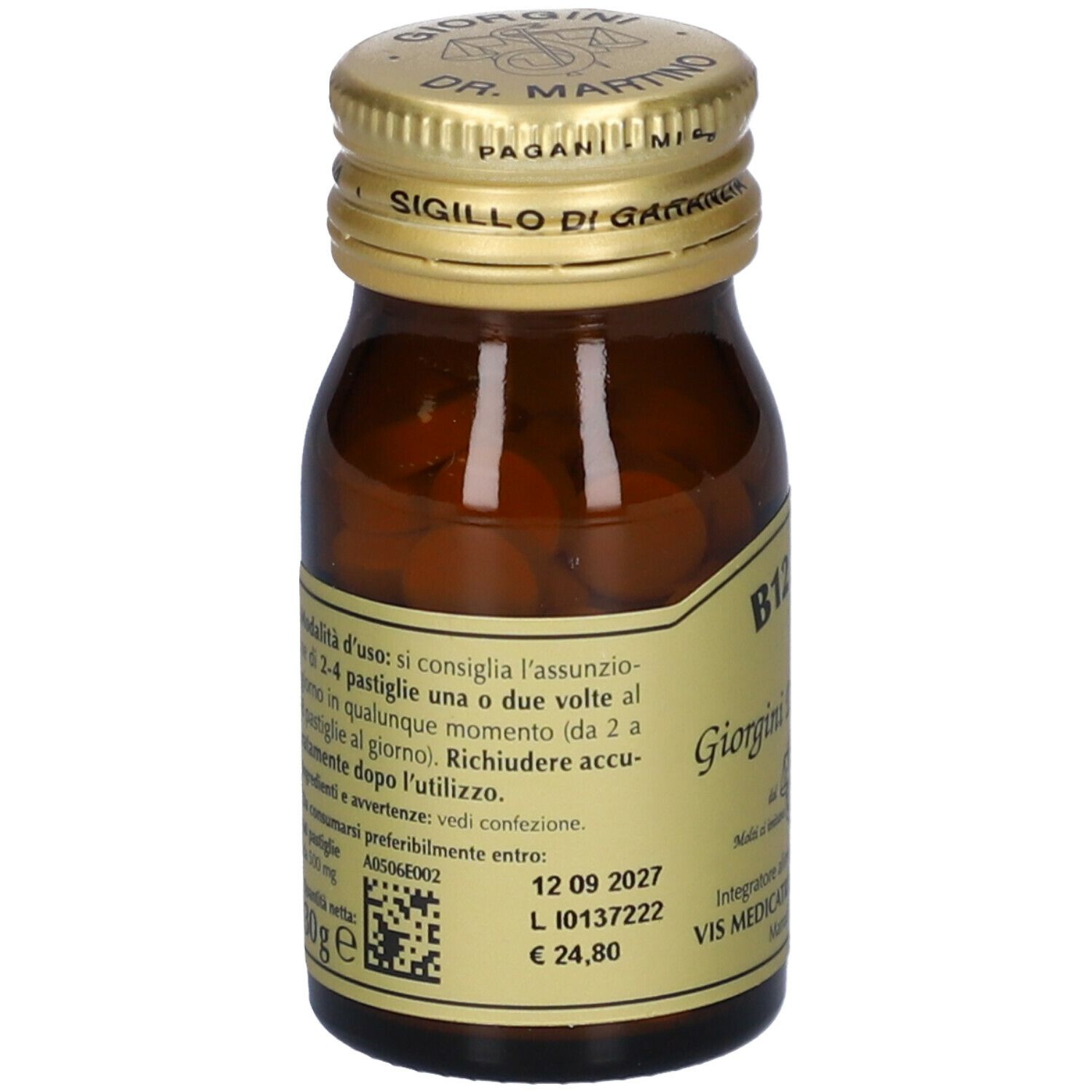 Braune Glasflasche mit goldenem Deckel. Aufschrift: B12 Plus, Giorgini Dr. Martino. Etikett mit Logo und Text.
