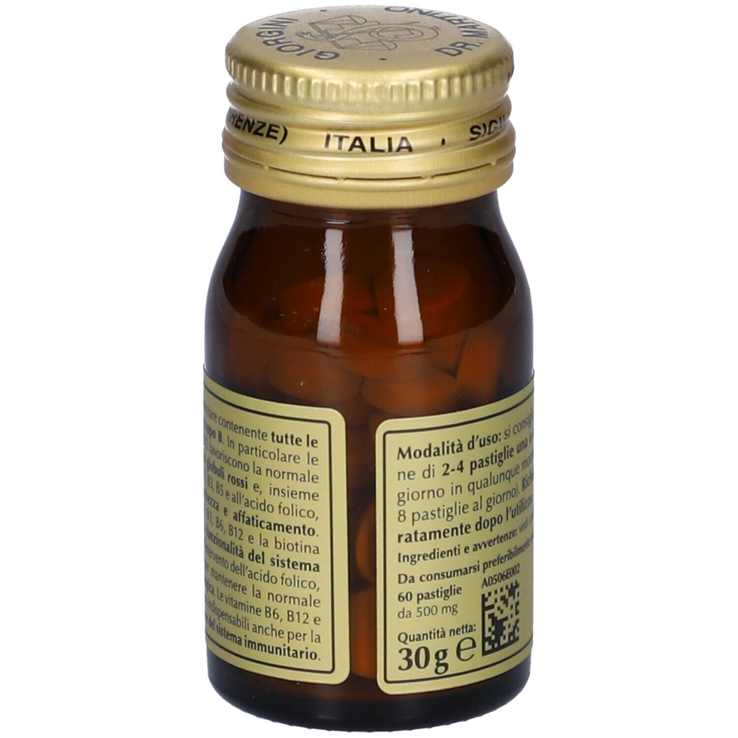 Braune Glasflasche mit goldenem Deckel. Aufschrift: B12 Plus, Giorgini Dr. Martino. Etikett mit Logo und Text.