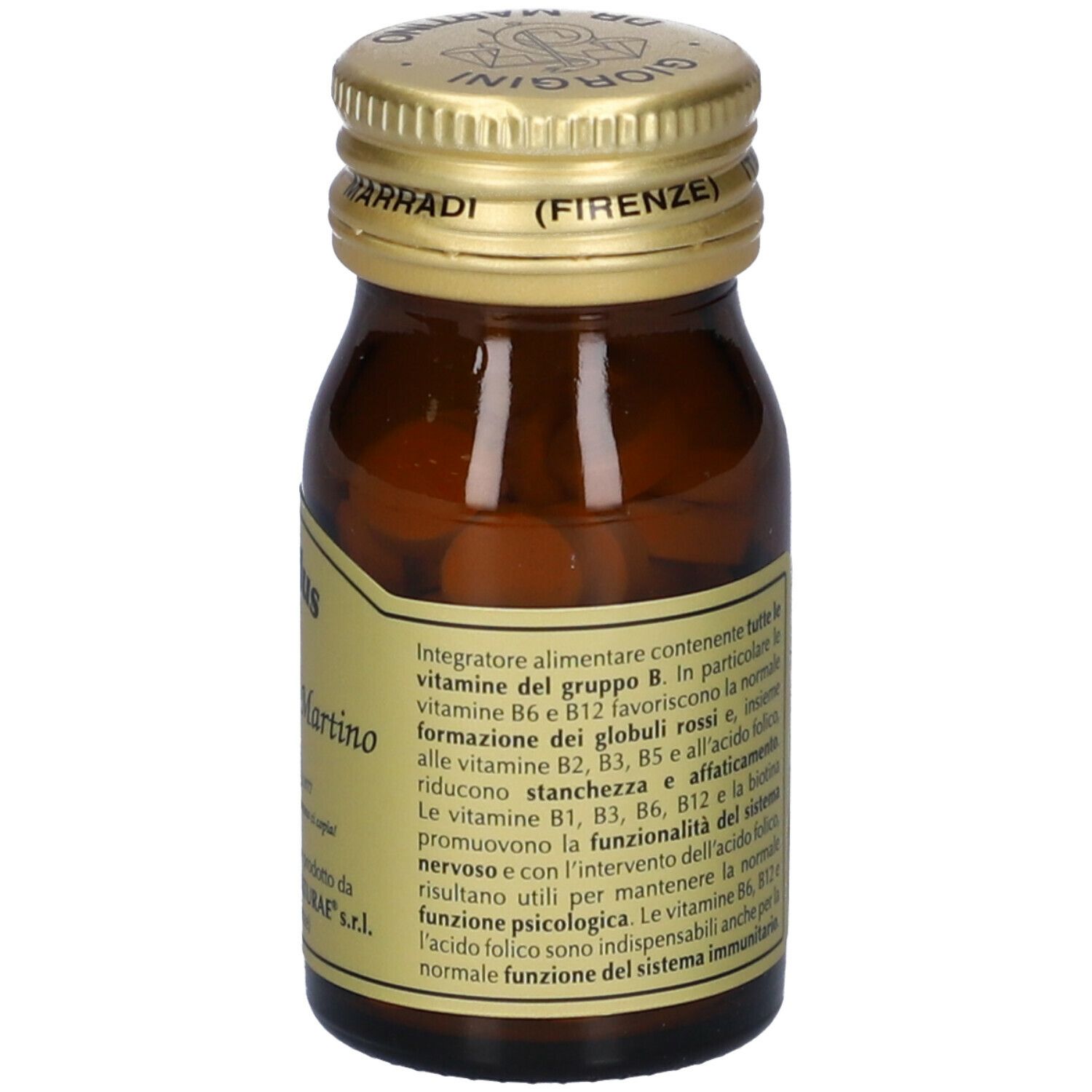 Braune Glasflasche mit goldenem Deckel. Aufschrift: B12 Plus, Giorgini Dr. Martino. Etikett mit Logo und Text.