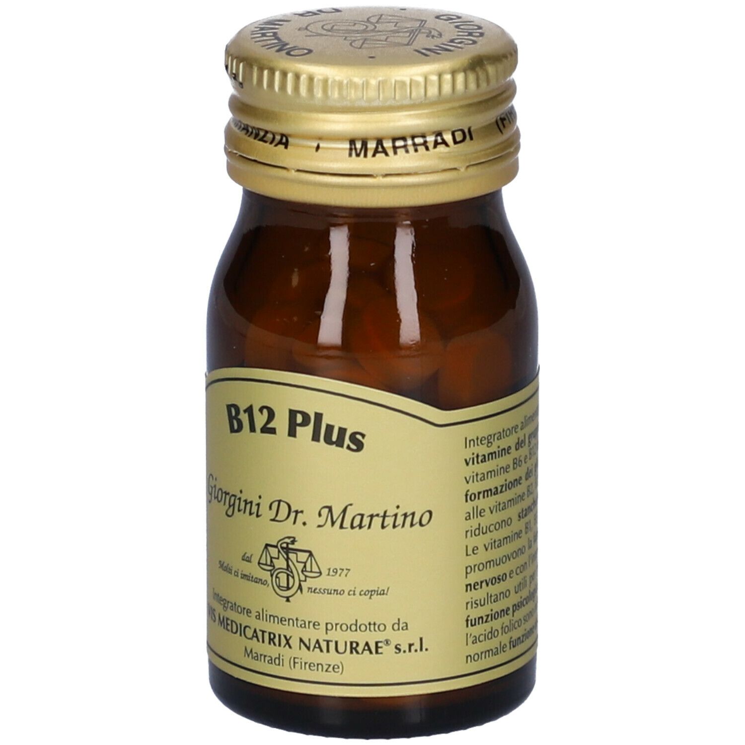 Braune Glasflasche mit goldenem Deckel. Aufschrift: B12 Plus, Giorgini Dr. Martino. Etikett mit Logo und Text.