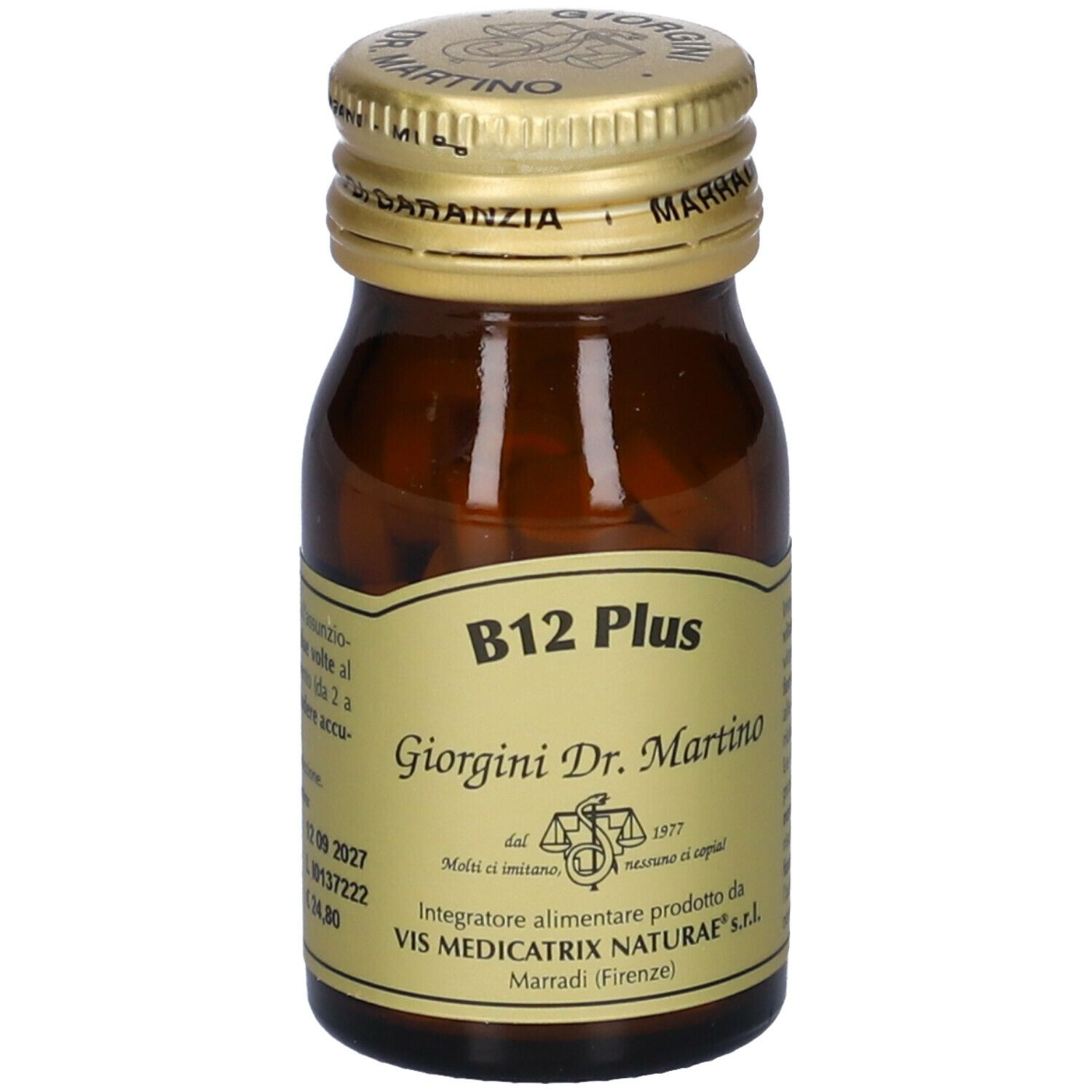 Braune Glasflasche mit goldenem Deckel. Aufschrift: B12 Plus, Giorgini Dr. Martino. Etikett mit Logo und Text.