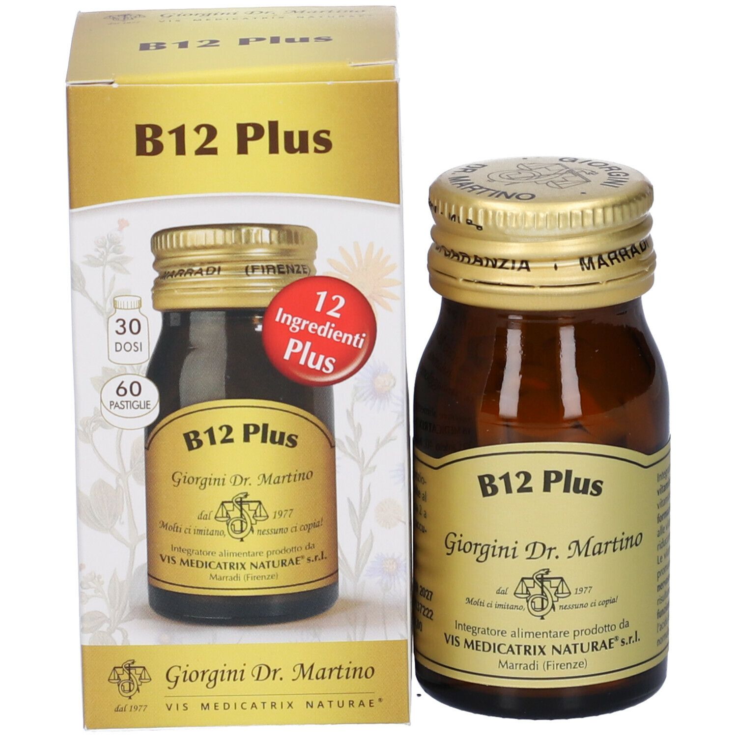 B12 Plus-Produktverpackung mit Flasche und Schachtel. Aufschrift: B12 Plus, 60 Pastiglie, 12 Inhaltsstoffe Plus.