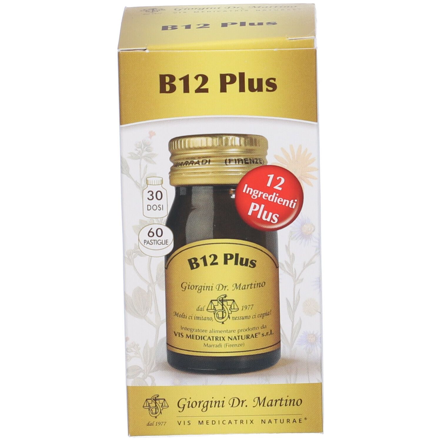 B12 Plus-Produktverpackung mit Flasche und Schachtel. Aufschrift: B12 Plus, 60 Pastiglie, 12 Inhaltsstoffe Plus.