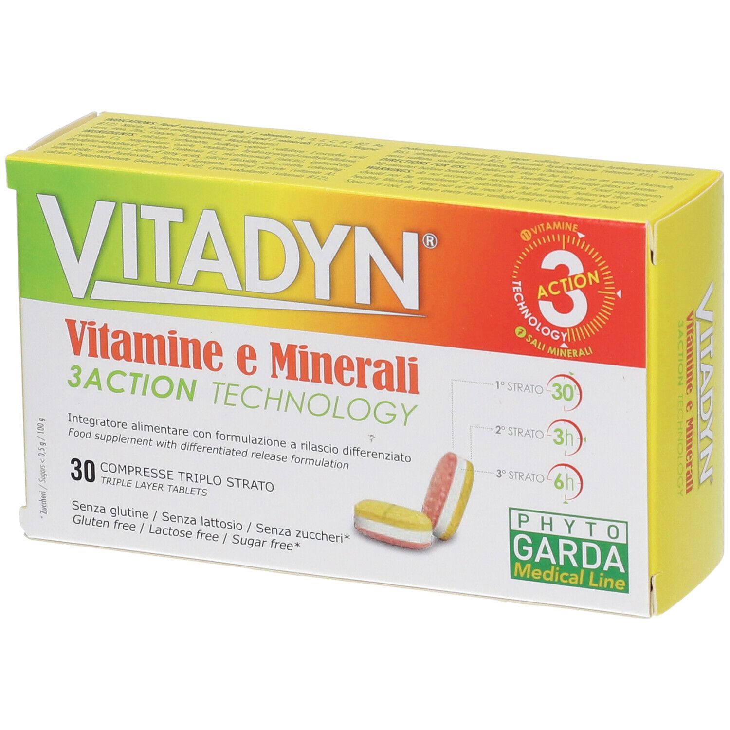 Gelbe Schachtel mit VITADYN-Logo und Aufschrift 'Vitamine e Minerali'. 30 Tabletten, dreifach beschichtet. Phyto Garda Medical Line.