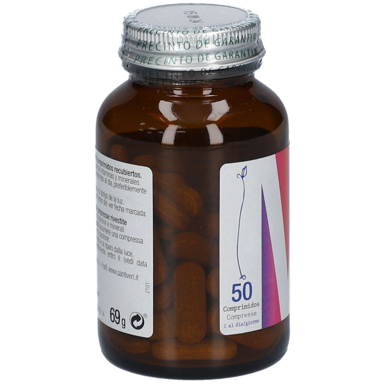 Flacon en verre brun avec bouchon argenté. Contient des comprimés bruns. '50 comprimés' visible. Étiquette avec texte.