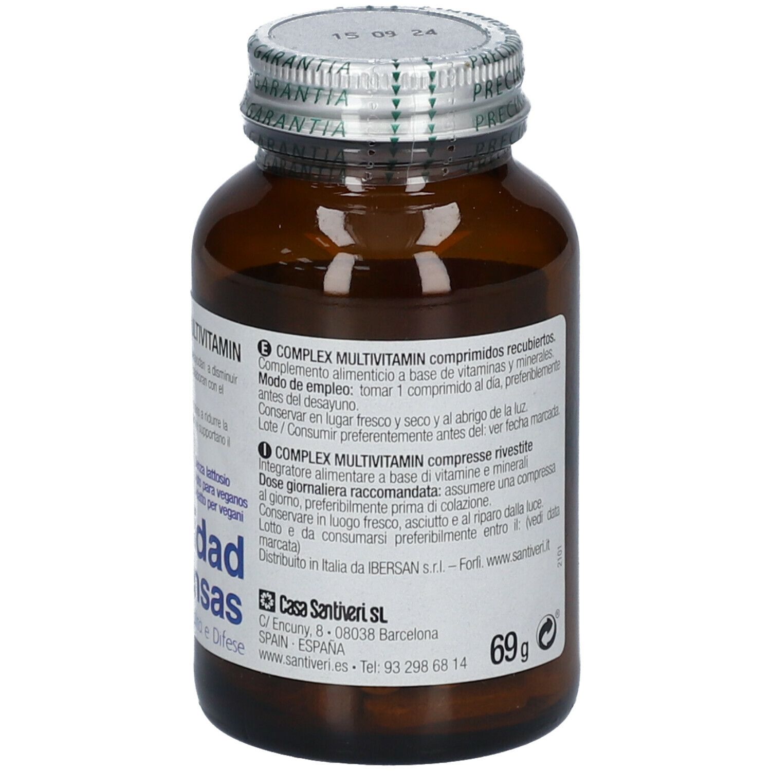 Flacon en verre brun avec bouchon argenté. Étiquette avec texte. 'Santiveri' et '69g' visibles. Contient des comprimés.