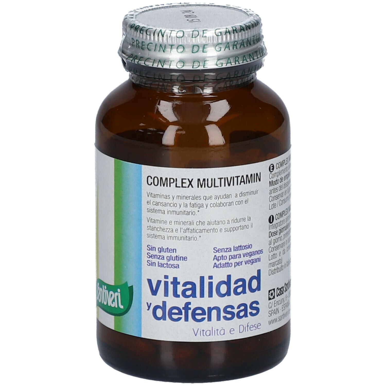 Flacon en verre brun avec bouchon argenté. Étiquette avec texte. 'Santiveri' et 'vitalidad y defensas' visibles.