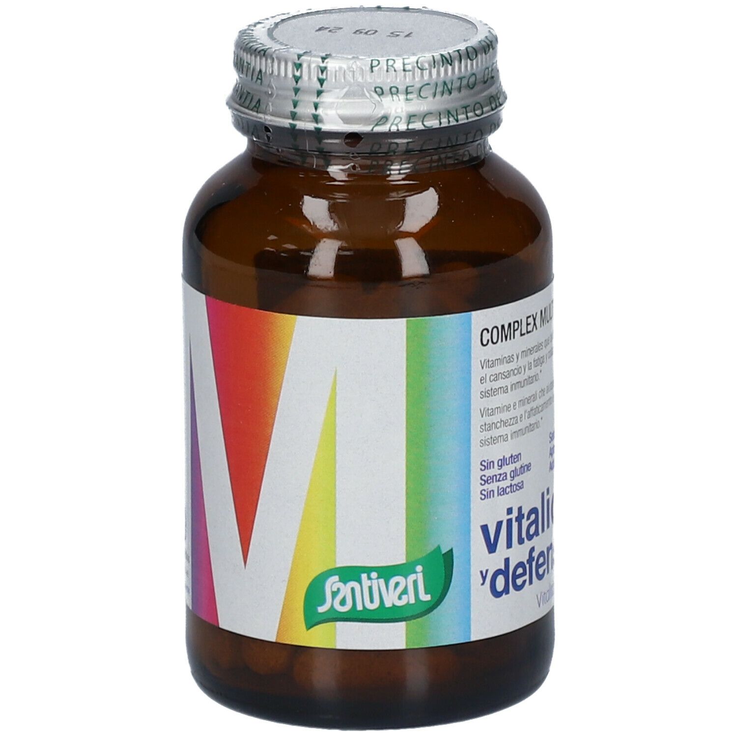 Flacon en verre brun avec bouchon argenté. Étiquette avec texte. 'Santiveri' et 'vitalidad y defensas' visibles. Comprimés.