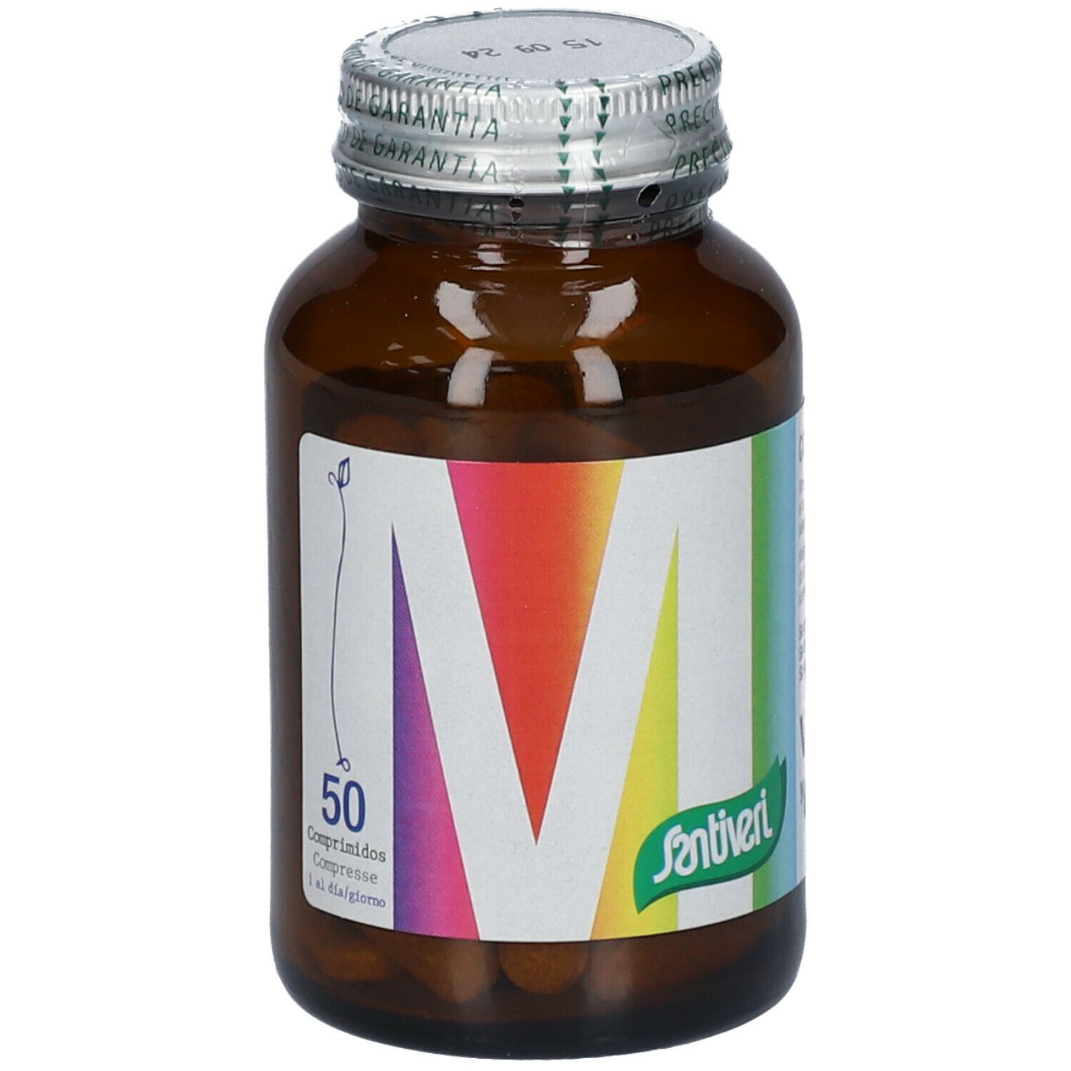 Flacon en verre brun avec bouchon argenté. 'M' multicolore. 'Santiveri' et '50 comprimés' visibles. Comprimés.