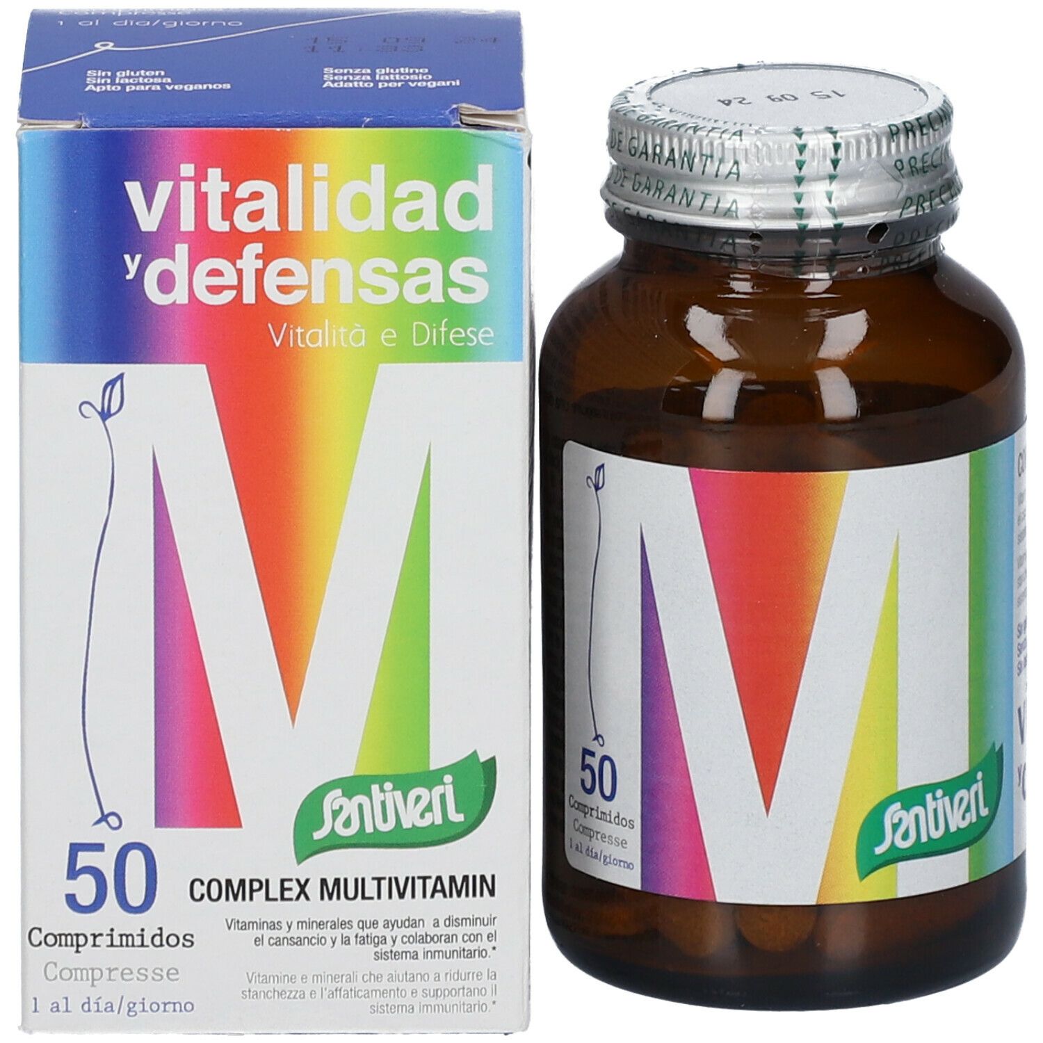 Boîte et flacon. Boîte avec 'M' multicolore. Flacon avec '50 comprimés'. 'Santiveri' visible. Comprimés.